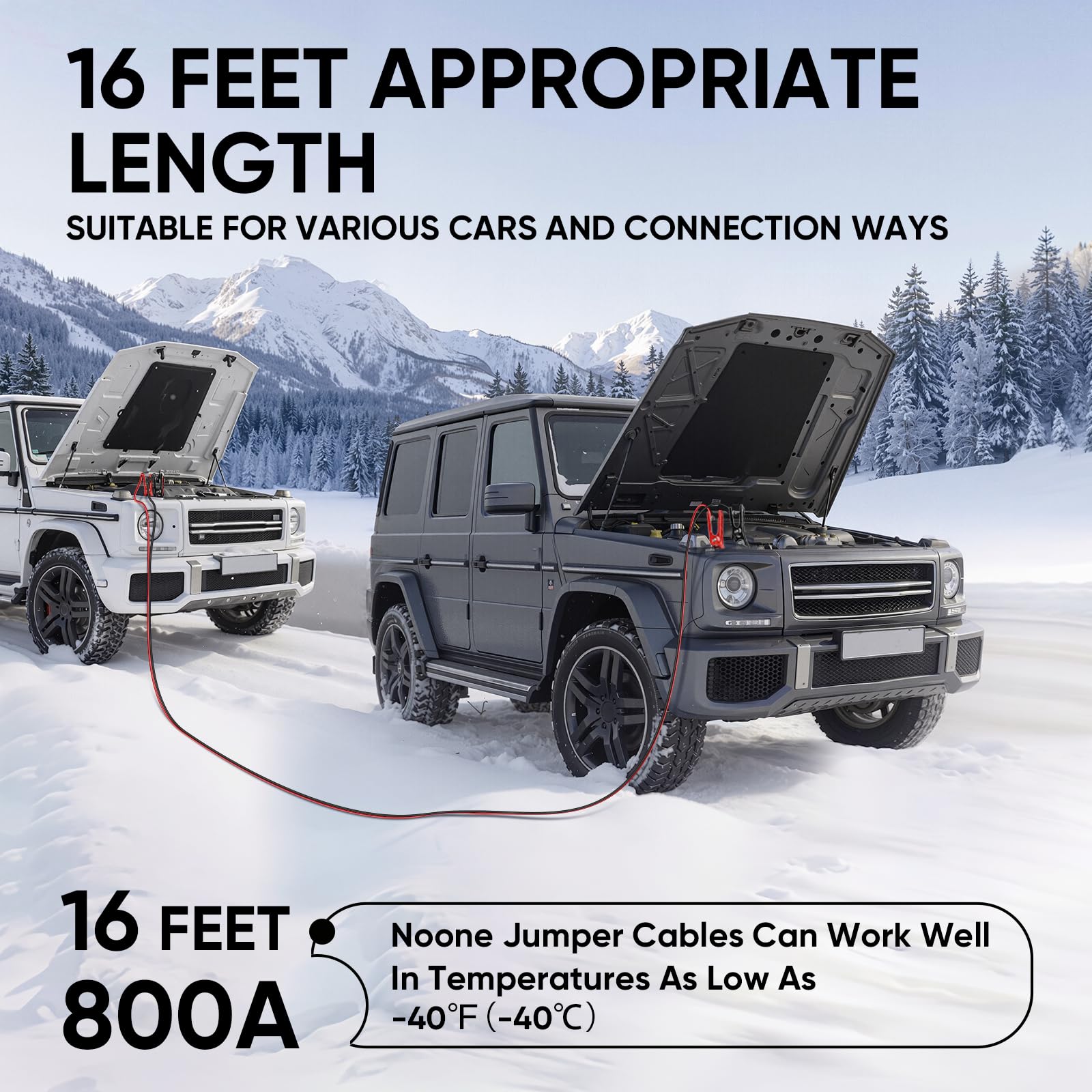 NOONE - Cables de puente para batería de coche, calibre 2 de 16 pies, cables de arranque de coche para arrancar con salto, baterías muertas o débiles (2 AWG x 16 pies)