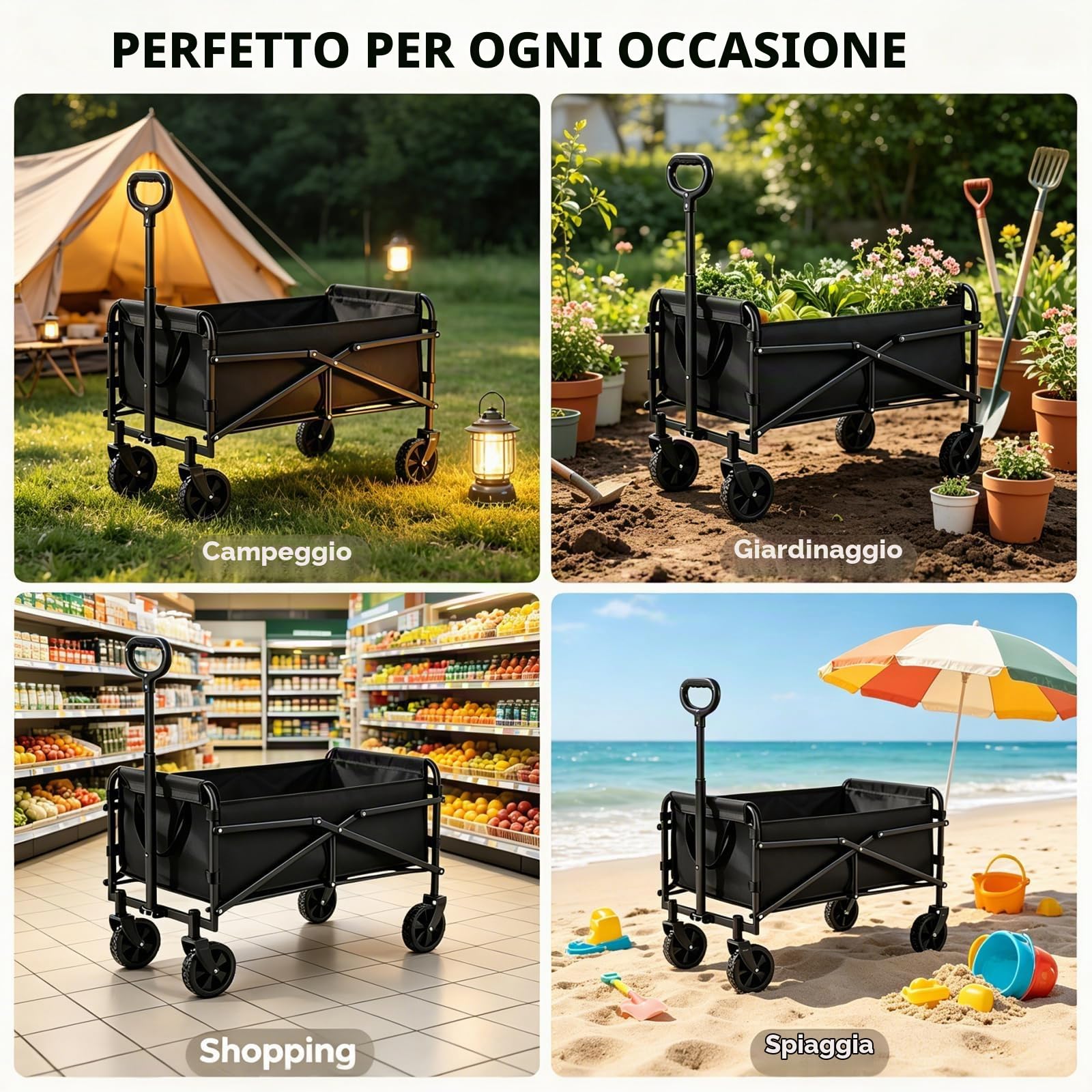 Carrello pieghevole da 100 l, con pneumatici e ruote