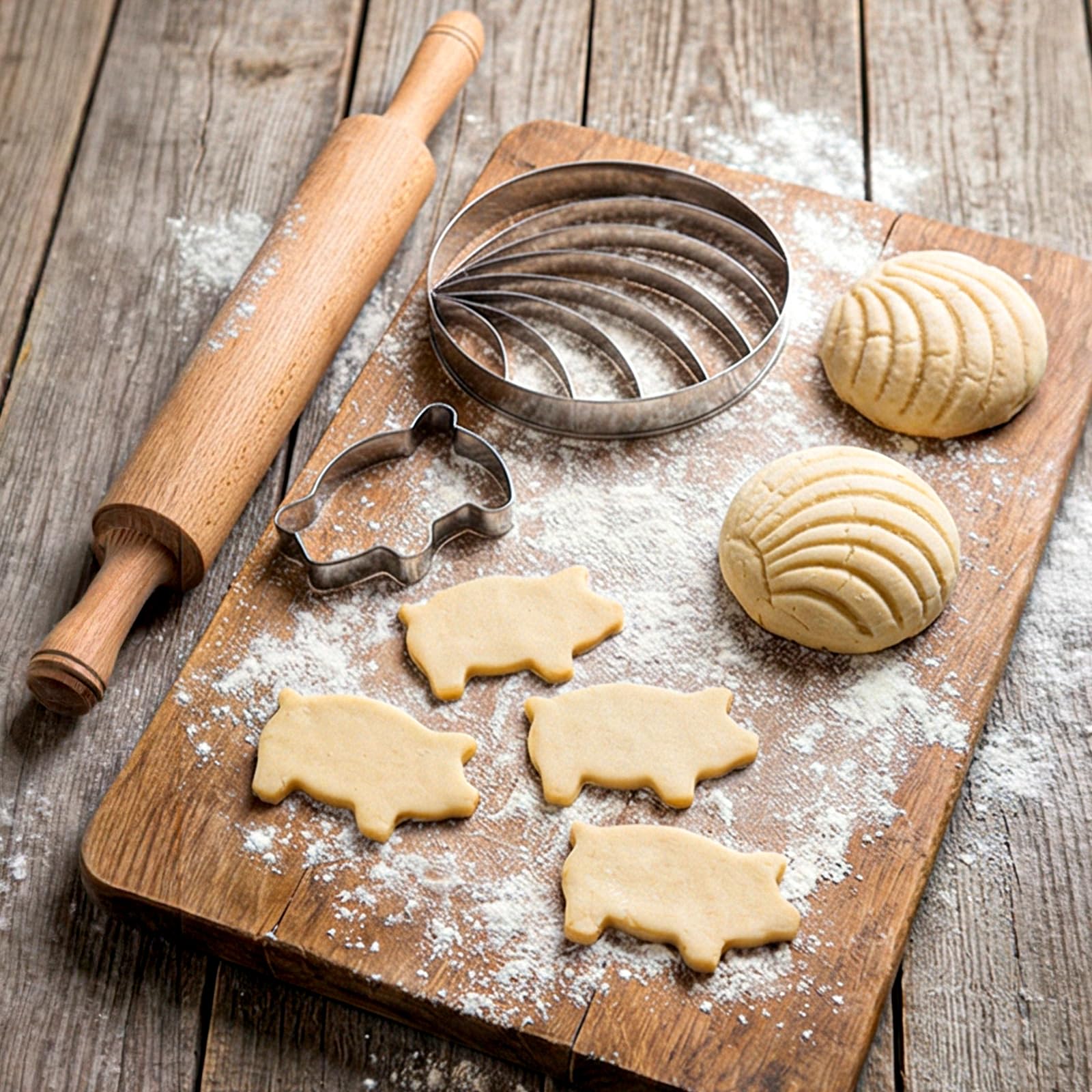 Set Da 6 Stampi Per Biscotti In Acciaio Inox 304: 1 Forma Concha Messicana + 5 Formine Maialino, Per Pane E Biscotti, Antiscivolo, Lavabile In Lavastoviglie