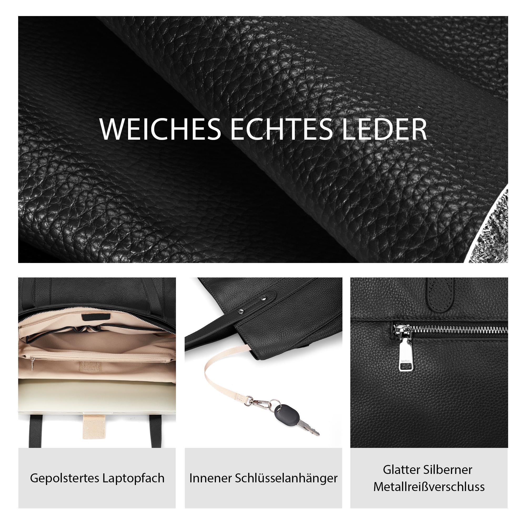 befen Echtleder Handtasche Damen Groß Shopper Tasche 15,6 Zoll Laptoptasche | Leder Tote Bag Aktentasche Lehrertasche mit Laptopfach, Mode Schultertasche für Business Büro Schule