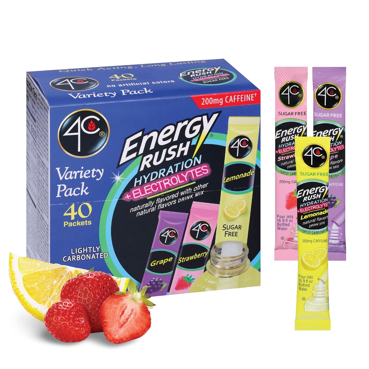 4C Energy Rush PSD with Electrolytes Variety Pack Stix, 40 ct (14 Lemonade, 12 Strawberry/14 Grape) 4C Energy Rush PSD with Electrolytes Variety Pack Stix, 40 ct (14 Lemonade, 12 Strawberry/14 Grape)