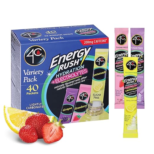 4C Energy Rush PSD with Electrolytes Variety Pack Stix, 40 ct (14 Lemonade, 12 Strawberry/14 Grape)