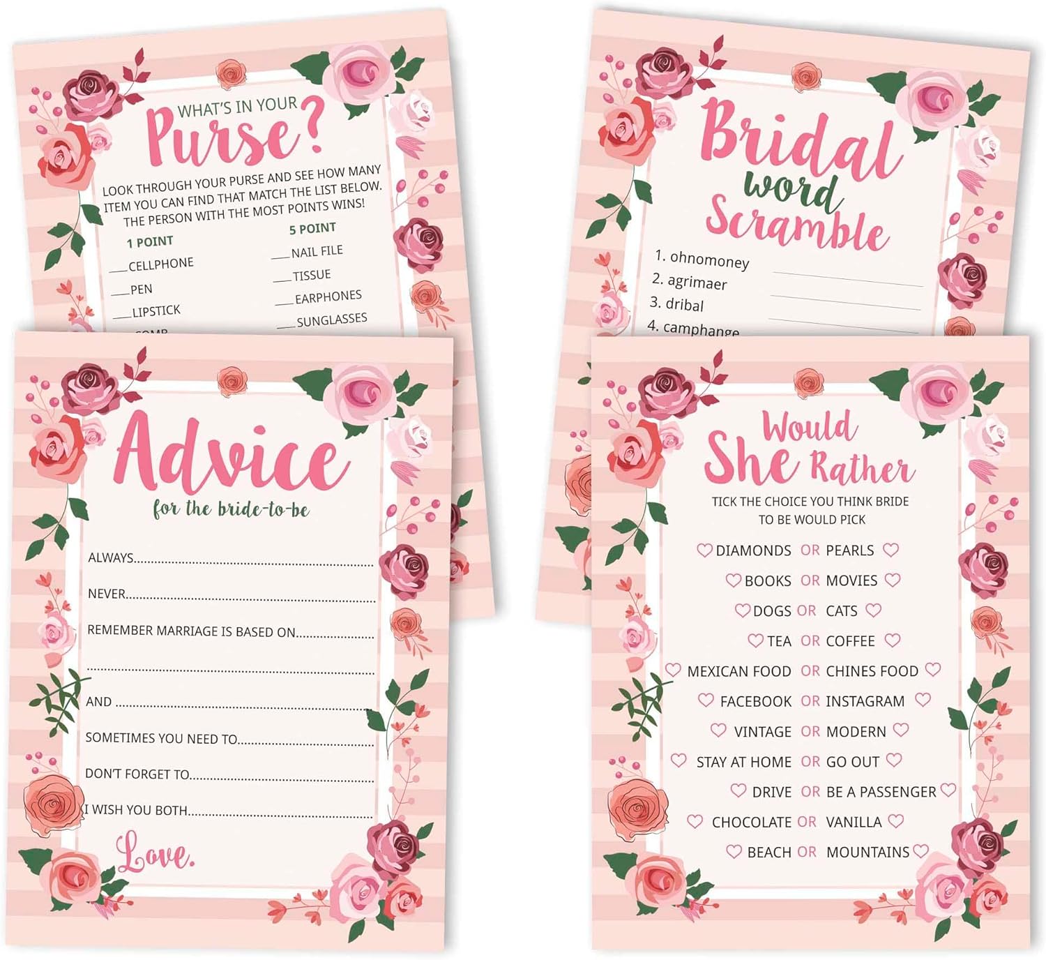 Bachelorette Party Games Set Bundle of 4(50 Sheets Each) Floral Fun Bridal Shower Games Set