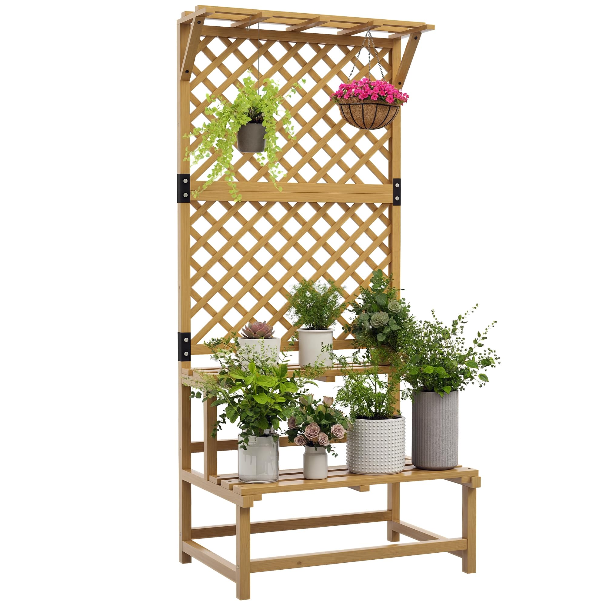 Outsunny Escalier à fleurs avec tuteur, 2 marches, toit, escalier pour plantes d'intérieur et extérieur, support de fleurs en bois, étagère à fleurs à plusieurs étages pour jardin, balcon, 75 x 50 x