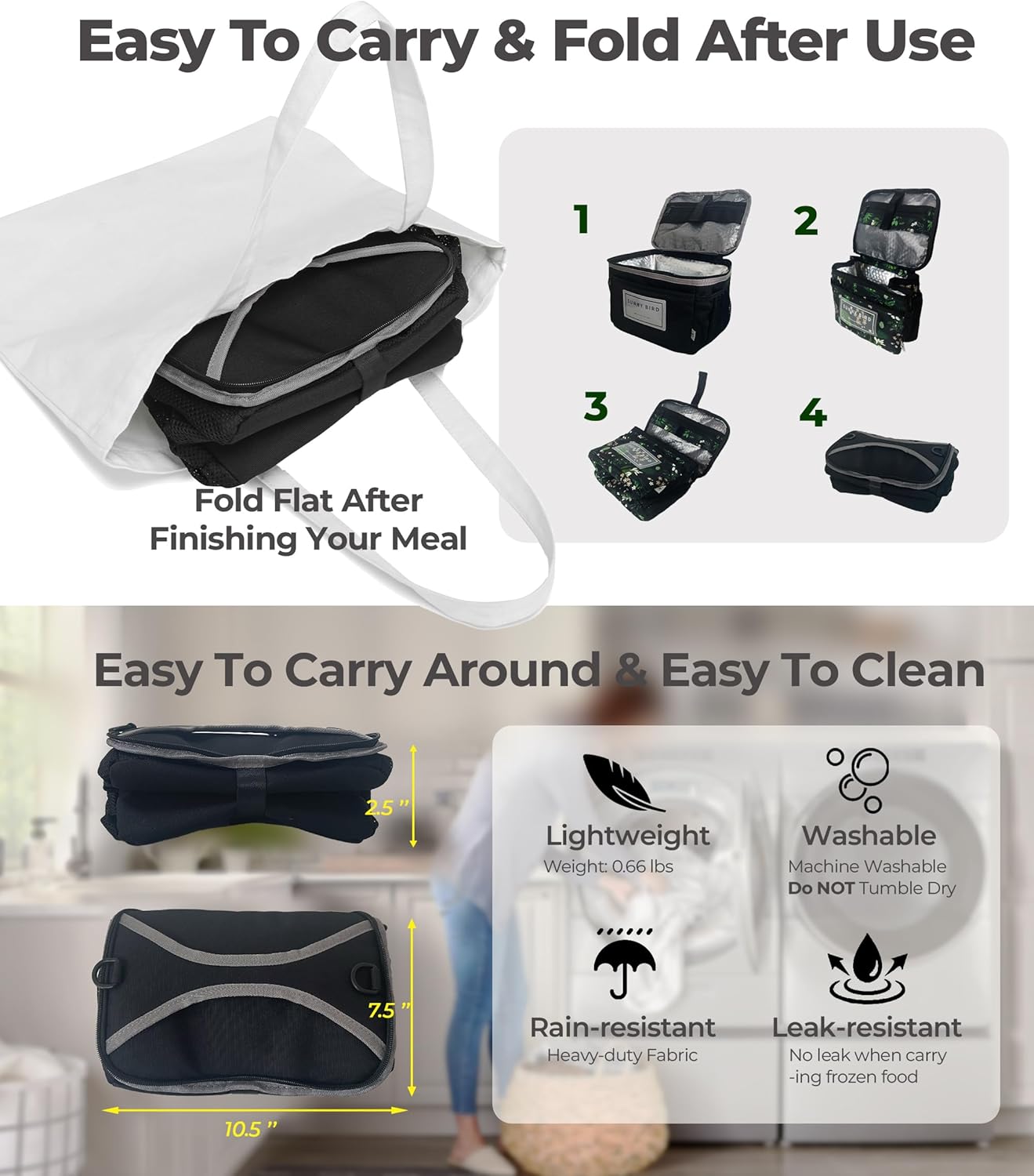 SUNNY BIRD Insulated Lunch Bag with Foldable and Leakproof Design, Thermally Insulated, Shoulder Strap for Women, Men and Teen (Black 002) - Image 6