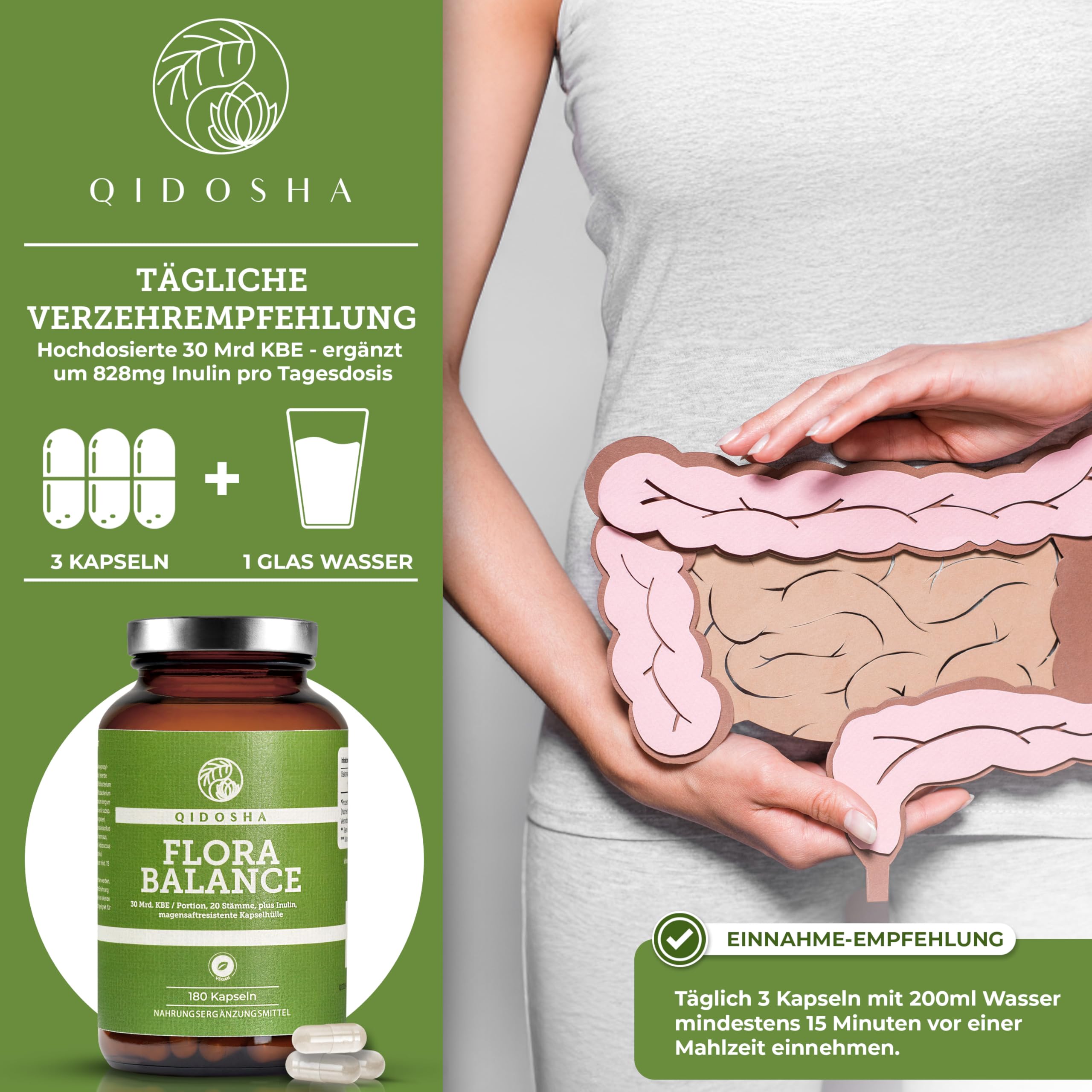 QIDOSHA® Premium Bakterien-Kulturen-Komplex, 180 magensaftresistente Kapseln, 20 Bakterienstämme plus Inulin, hochdosierte 30 Mrd KBE/Tagesdosis, deutsche Fertigung, vegan