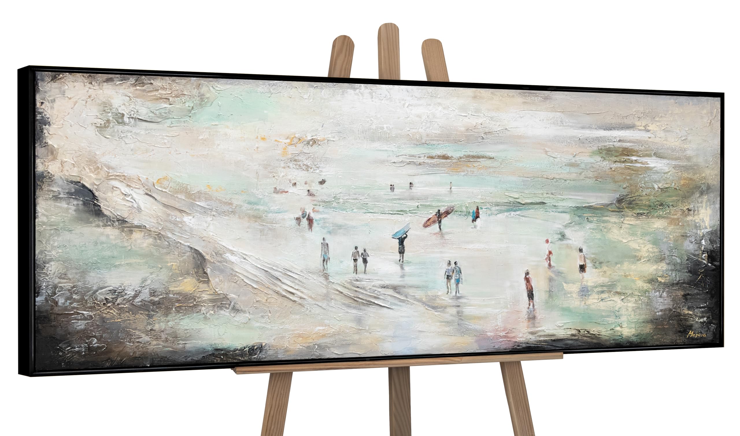 YS-Art Framed abstract painting on canvas Surfing Modern textured artwork with seascape Art in green grey color with summer motive 60x20 inches