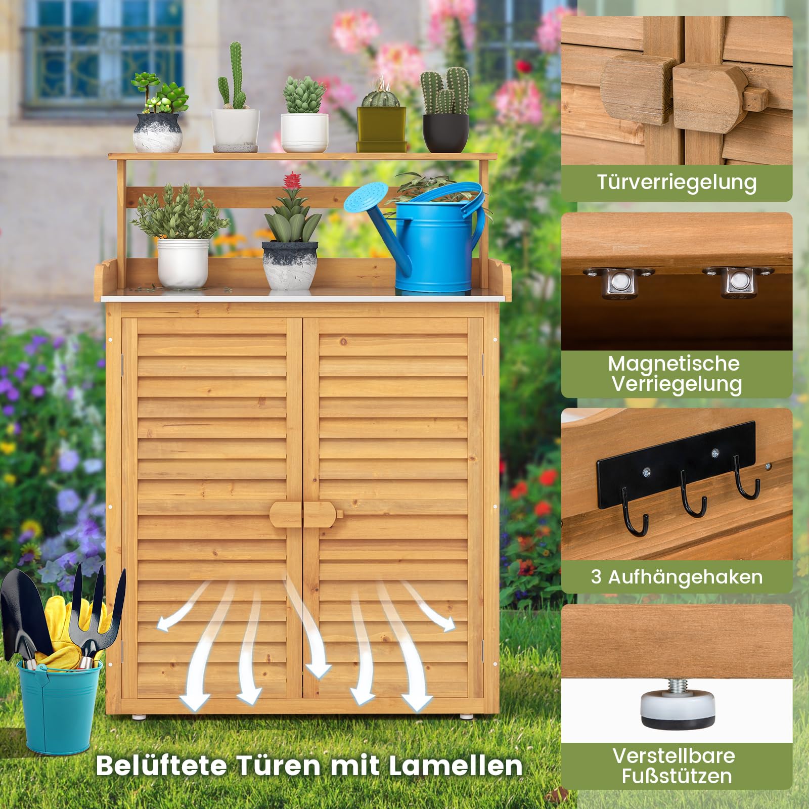 GOPLUS Pflanztisch mit Unterschrank, Gärtnertisch Outdoor mit Stauraum (87 x 45 x 120 cm-Natur)