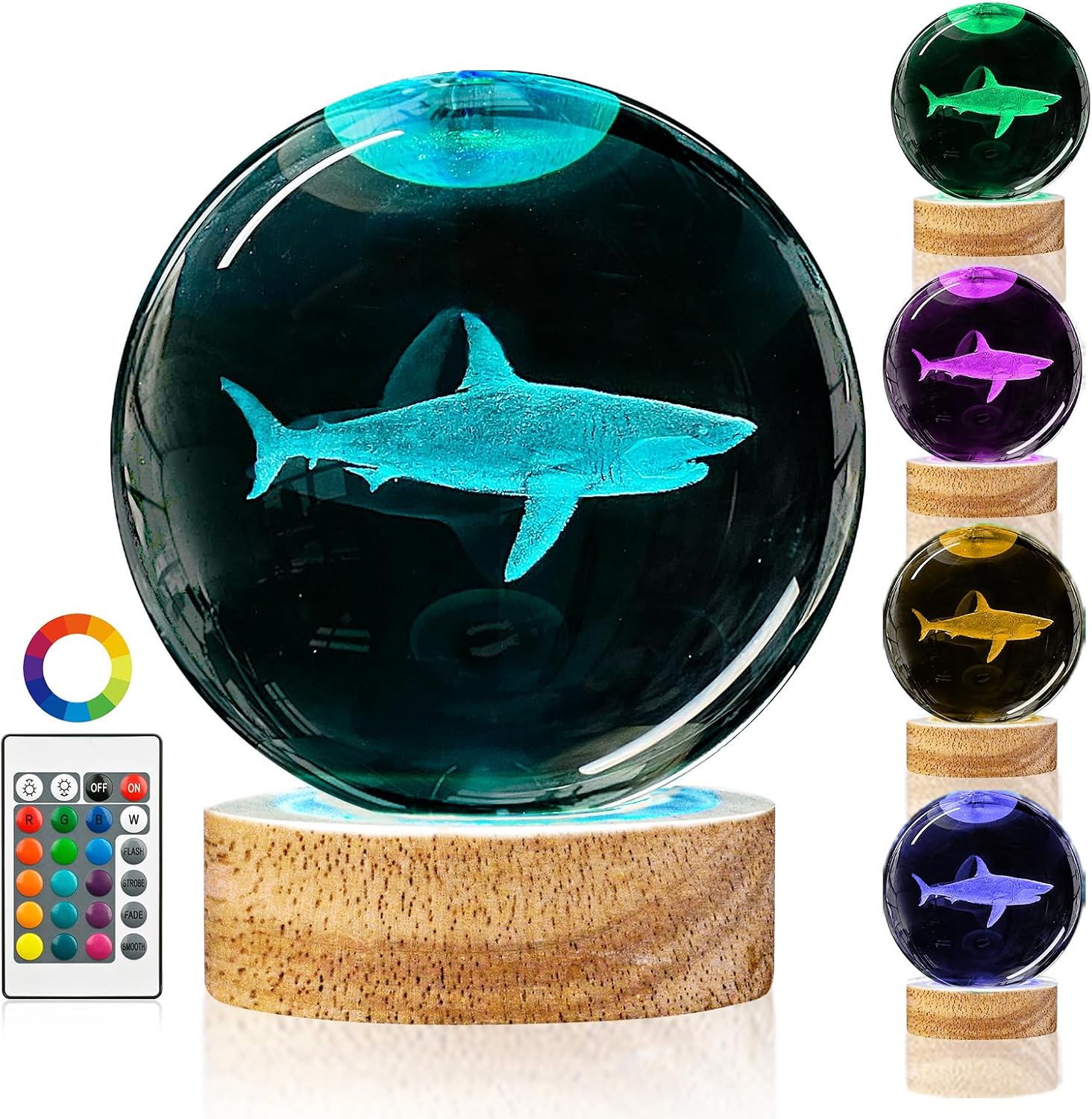 3D Shark Crystal Ball Night Light with Remote Lifelike 3.15 In Shark Sea Animal Glass Ball Lamps with 16 Color LED Wooden Base for Birthday Holiday, Cool Shark Toy Room Decor Gifts for Boys Girls Kids