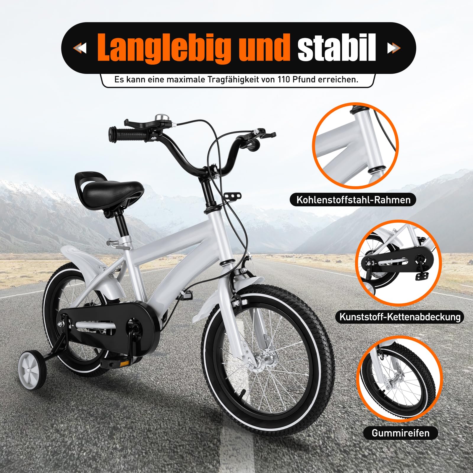 Kinderfahrrad 12/14 Zoll - Fahrrad Kinder mit Abnehmbaren Stützrädern, Verstellbarem Sattel & Lenker, Robust für Park und Spielplatz, ab 3 Jahre für Jungen und Mädchen, Weiß