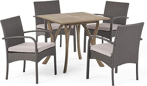 Christopher Knight Home Derek Outdoor - Juego de comedor cuadrado de madera y mimbre de 5 piezas, grisgris