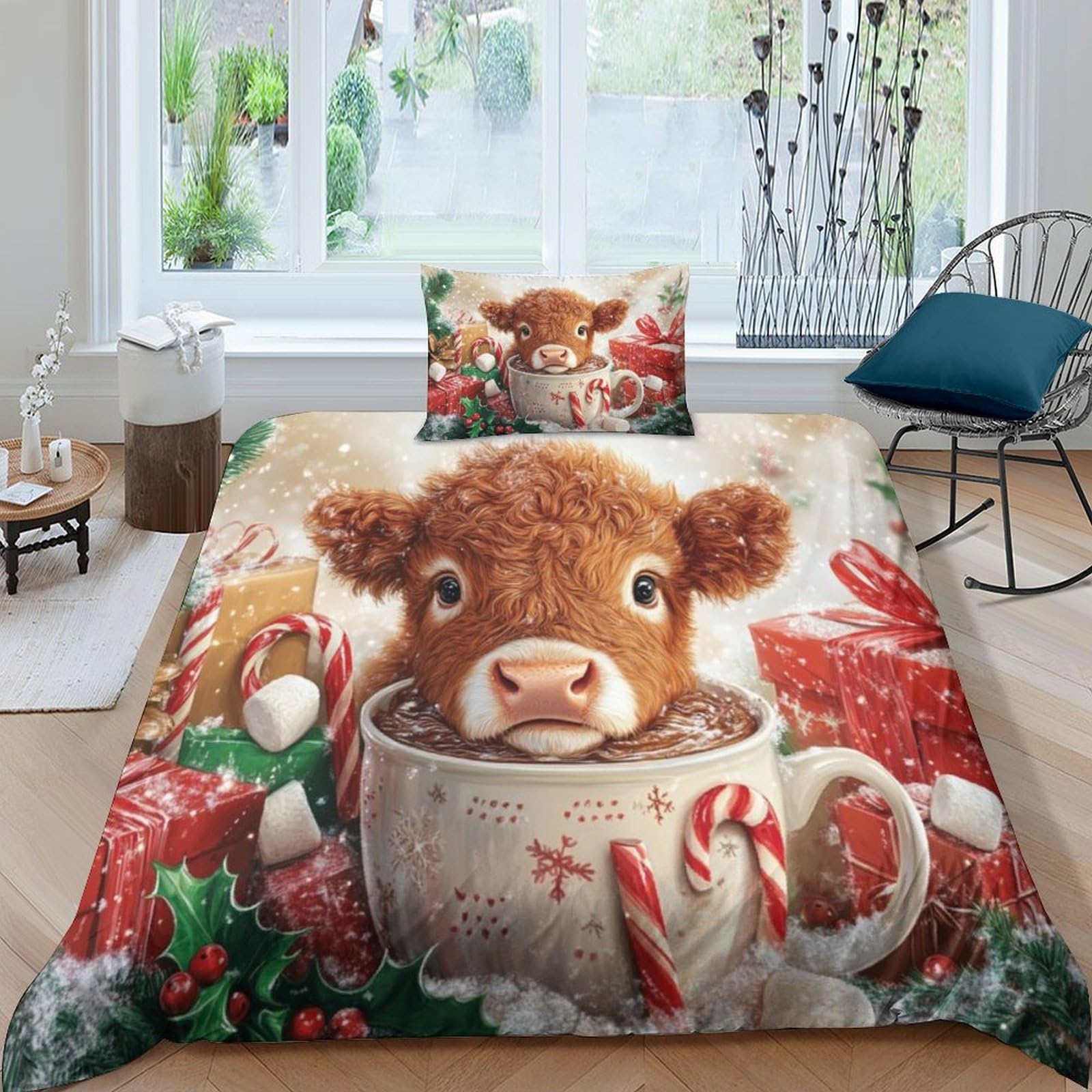 Housse de couette 135x200cm Highland Cow anti-plis pour lit simple enfant