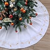60inch Extra Large Christmas Tree Skirt White Luxury Velvet Plush Fur Skirts with Gold Embroidery Xmas Velvet Tree Skirt Holly Leaves Gold Embroidered Trees Skirts for Christmas Holiday Party Decor