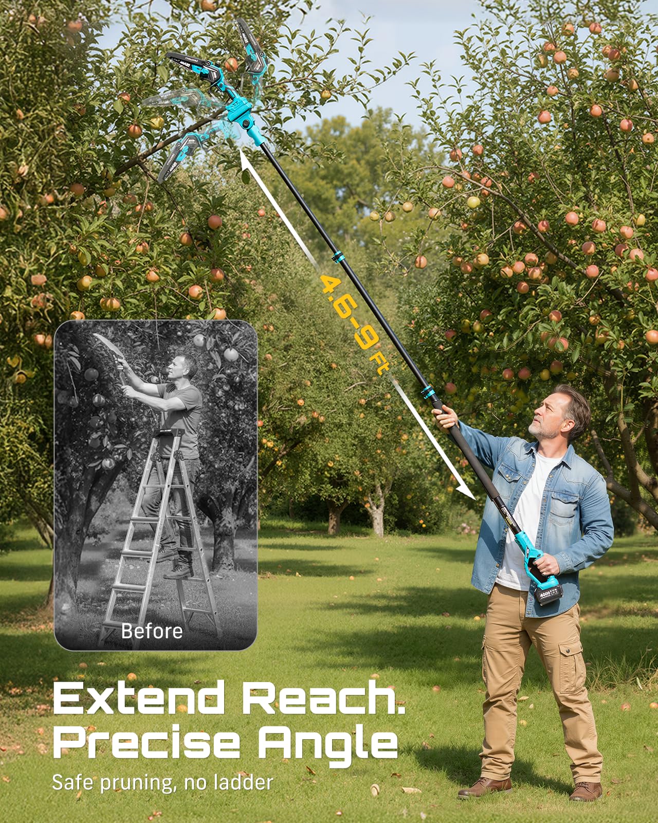 SEESII 2-in-1 Electric Pole Saws: Brushless Mini Chainsaw Cordless 6 Inch, 2 x 4000mAh Batteries, Pole Saw for Tree Trimming,Hand held Chain Saw with Extension Pole for Tree Limb Branch Cutter,P6 Ace - 3