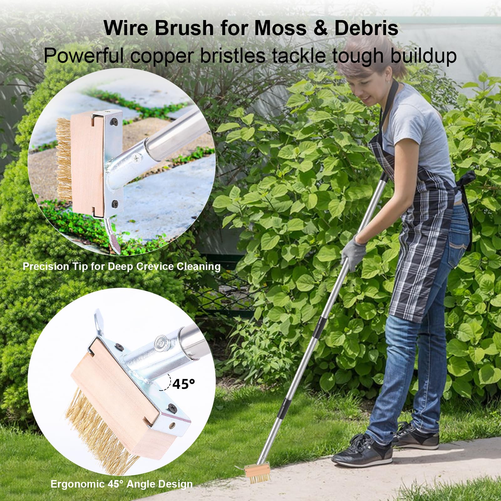Langer Griff Crack Weeder Tool Set mit verstellbarem 160 cm Griff, 2-in-1 Edelstahl-Fugendüse & Bürste für Unkraut- und Moosentfernung von Terrassen, Einfahrten, Gehweg-Rissen
