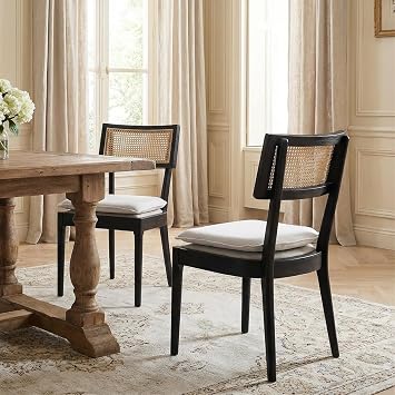 Rattan Farmhouse Dining Chairs Set of 2, Linen French Country Dining Chairs with Hollow Back, Double Upholstered Dining Room Chairs Rustic Kitchen Chairs with Wood Frame for Living Room, Black
