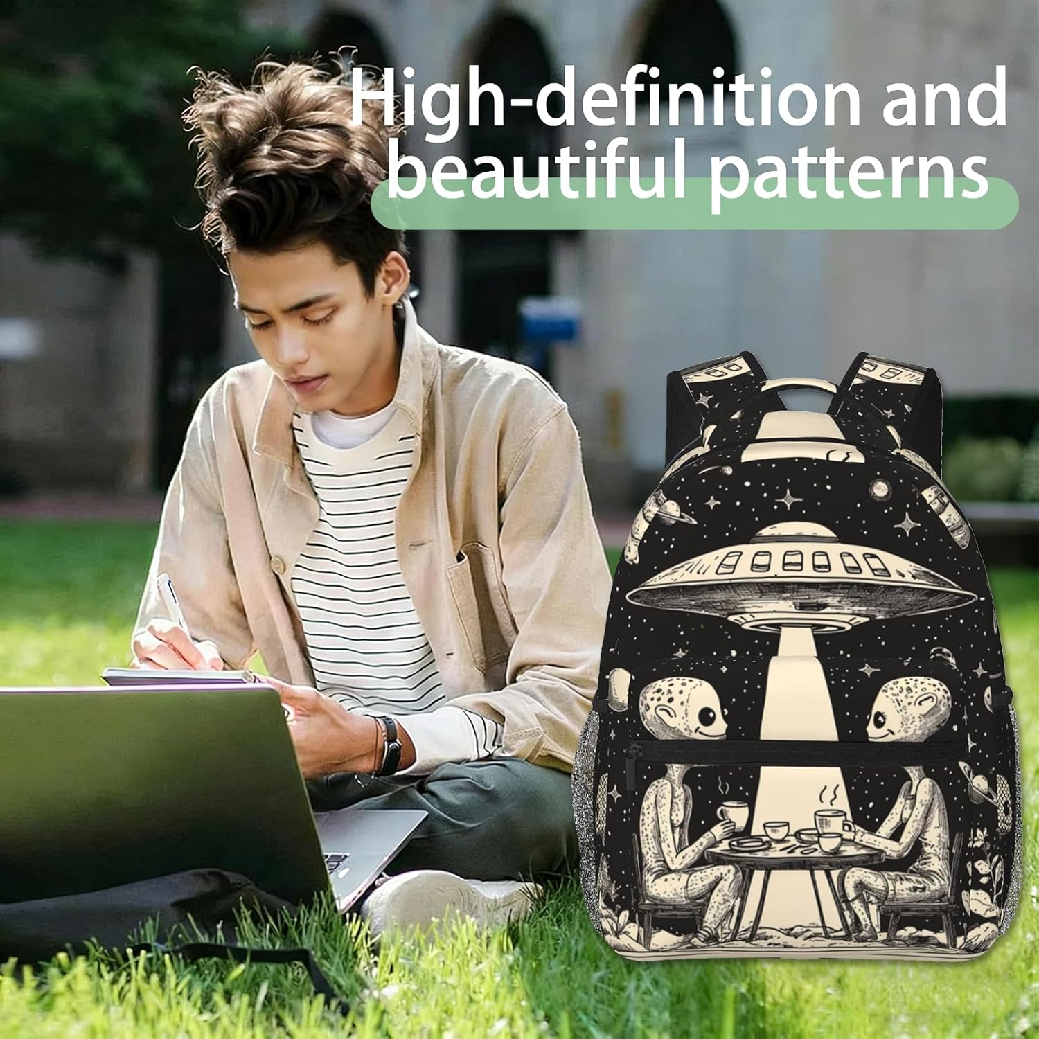 Funny Alien Coffee Backpack, UFO Design Polyester Backpacks with Straps, 11.4inx5.9inx15.7in, Multi-Pocket Storage Bookbag, Ideal For School Work Travel Hiking Camping, Boys Girls Women Gifts