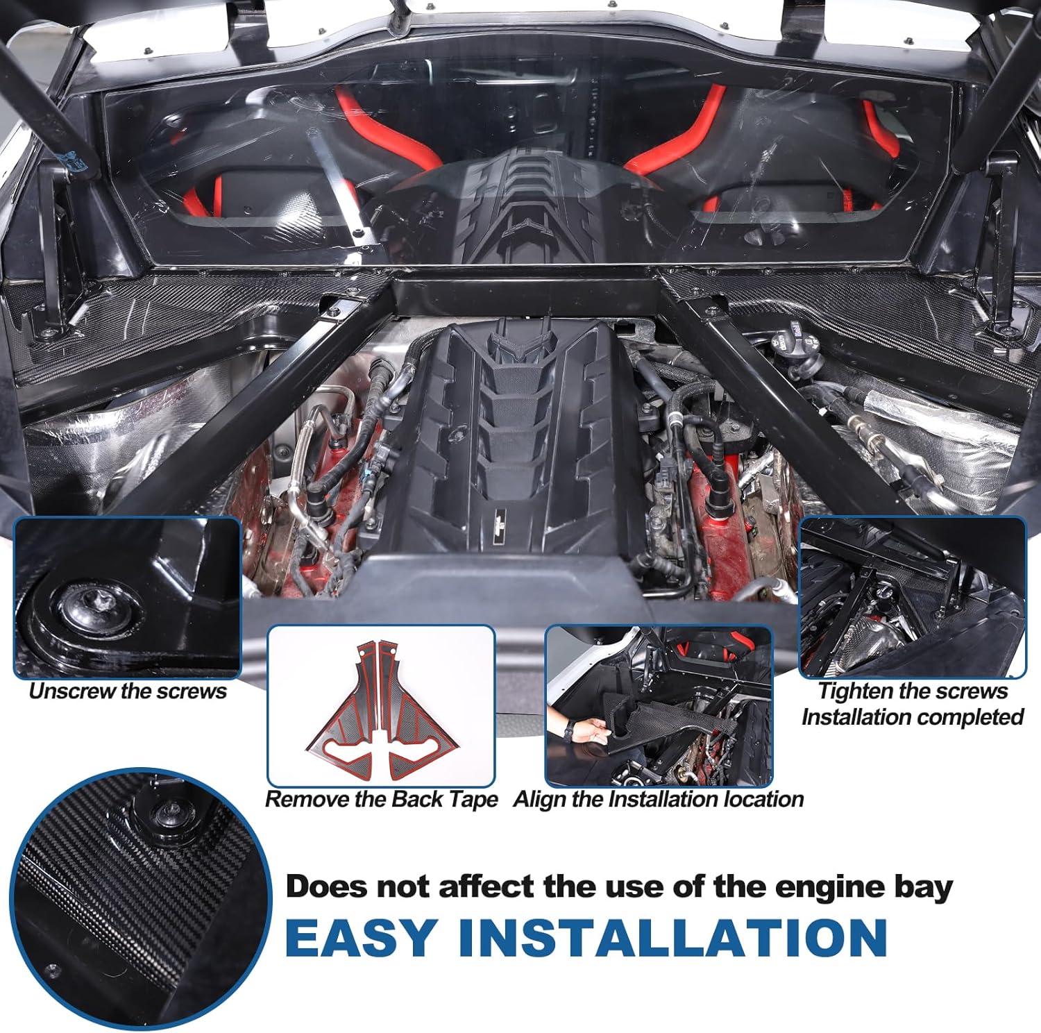 Engine Bay Panel Cover Trim Compatible with Chevrolet Corvette C8 2020-2024,Dry Carbon Fiber Engine Cover Hood Panel Shock Gas Lift Strut Base Trim Interior Accessories (Black Carbon)