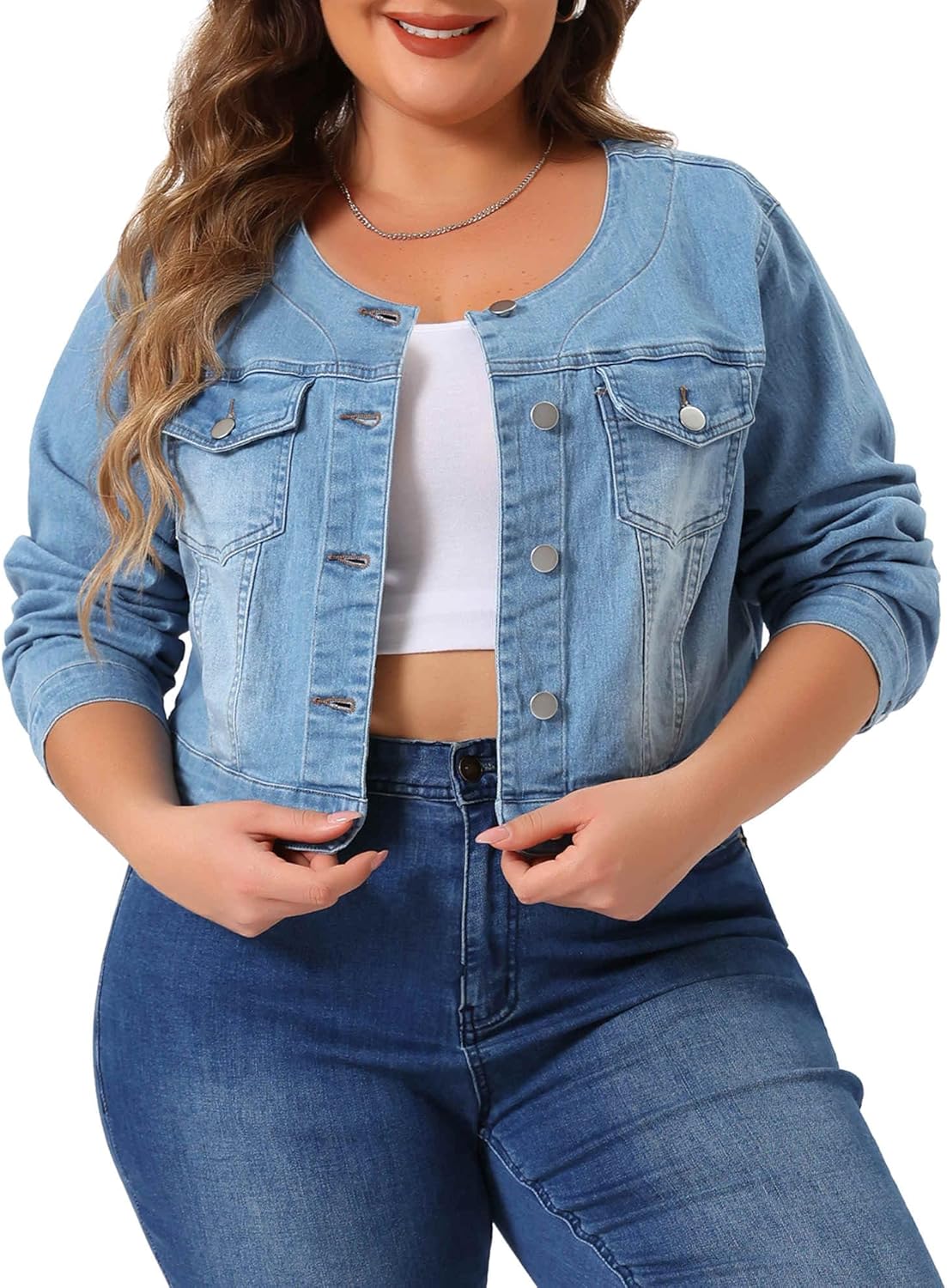 Agnes Orinda Plus Size Denim Jackets for Women Collarless Chest Pockets Button Down Crop Jean Jackets