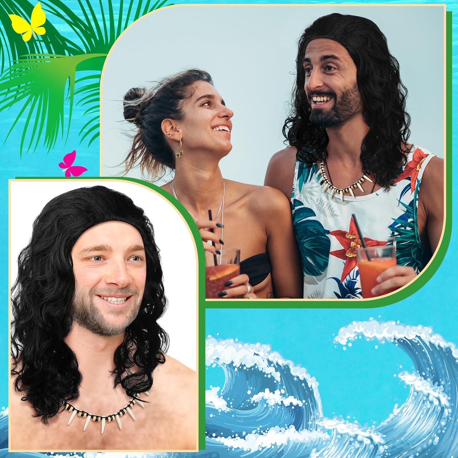 2 Pcs Halloween Costume Accessories for Men: Curly Wig & Hawaiian Tribal Tooth Necklace - Black, One Size - Image 6