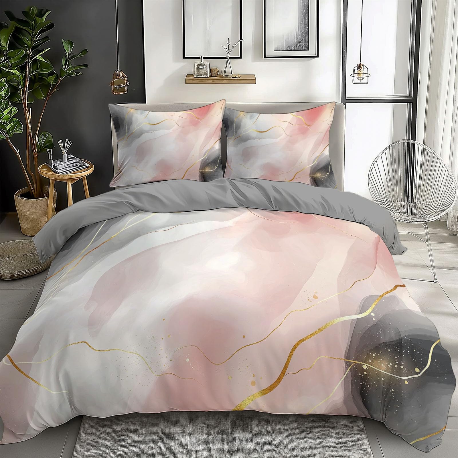 CozyRest Juego de Fundas Nórdicas Suave 3 Piezas para Cama 105 - Mármol de Acuarela Patrón Funda Edredón Poliéster Algodón 180 x 220 cm + 2 Funda de Almohada 50x75, Patrón Moderna de Estampado, Gris