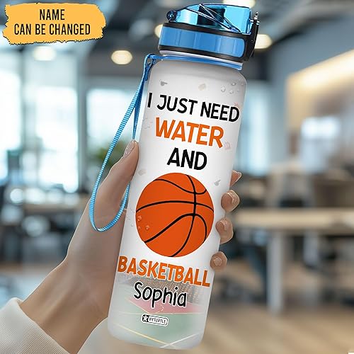 Miniatura 2 de Hyturtle Botella de agua motivacional personalizada con texto en inglés "I Just Need Water And Basketball", nombre personalizado con marcador de