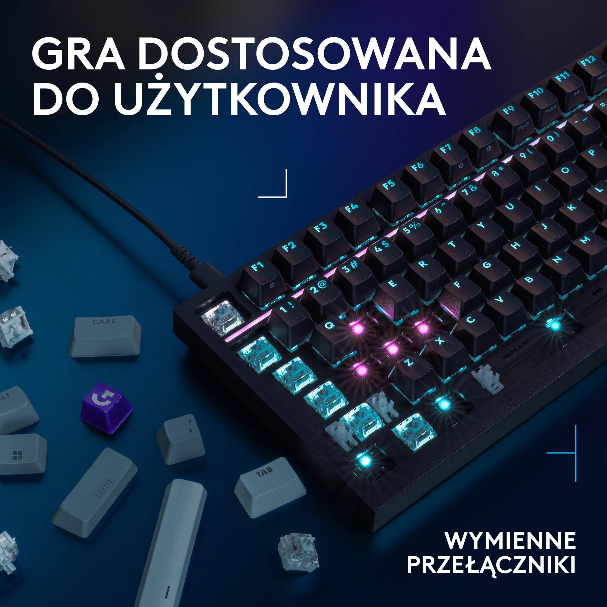 Logitech G G316 X 98, klawiatura do gier, 8 kHz,wymienne sprężynujące przełączniki,konstrukcja uszczelkowa,LED matrycowy & pokrętło,podwójne klawisze PBT,USB-C,RGB LIGHTSYNC,PC, US INT'L QWERTY-Czarny