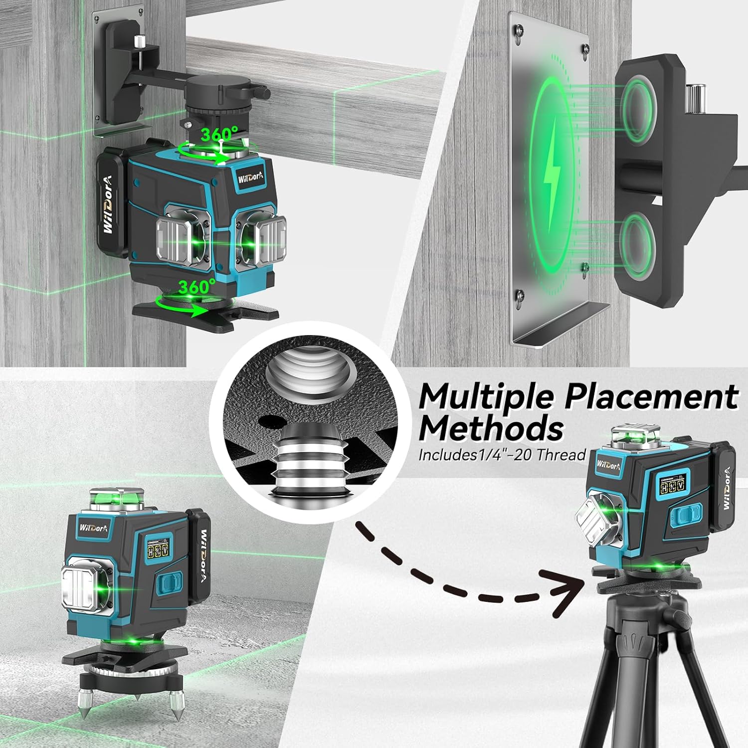 Laser Level with Tripod, 4x360° Self Leveling ±4° Laser Level, Remote Control 4D Green 16 Line Laser Leveler Tool for Woodworking&Renovation, with 2x4800mAh Li-ion Batteries&Hard Carry Case