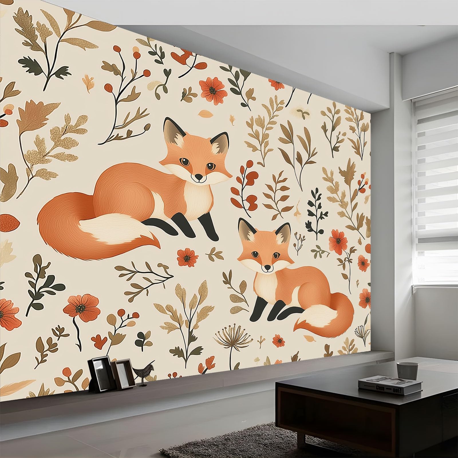 Fototapeta 300 x 210 cm Zwierzęta Lisy Kwiaty Nowoczesne Rośliny Dekoracja ścienna Plakat Projekt Włóknina Dekoracja ścienna do salonu Sypialni, Beżowy