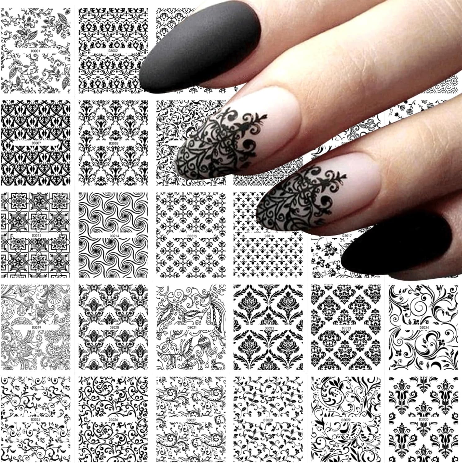 30 Sheets Black Nail Art Stickers Black Lace Nail Stickers for Nail Art 3D Self-Adhesive Nail Sticker Retro Floral Nails Decals for Women Girls Manicure Decorations