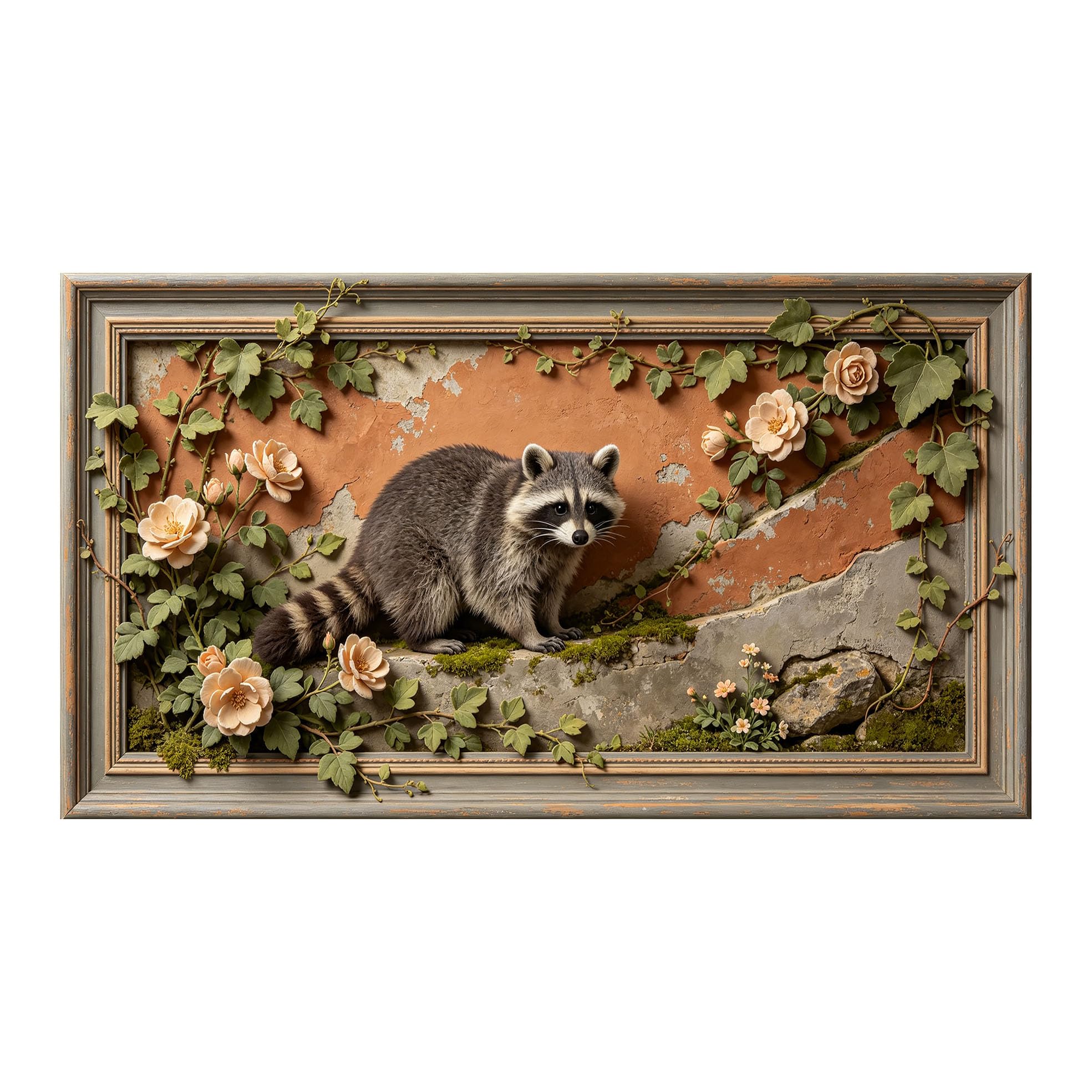Yzpallescene 3D 3D Framed Wall Art 50cm×90cm Rustic Raccoon Floral Botanical Landscape Large Size SelfAdhesive Removable Wall Decor Prints Artwork for Living Room Bedroom Office