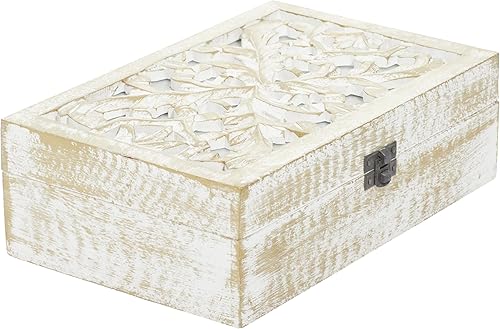 Miniatura 2 de Deco 79 Caja de madera de mango hecha a mano floral con tapa con bisagras, juego de 3 8 pulgadas, 10 pulgadas, 12 pulgadas de ancho, blanco