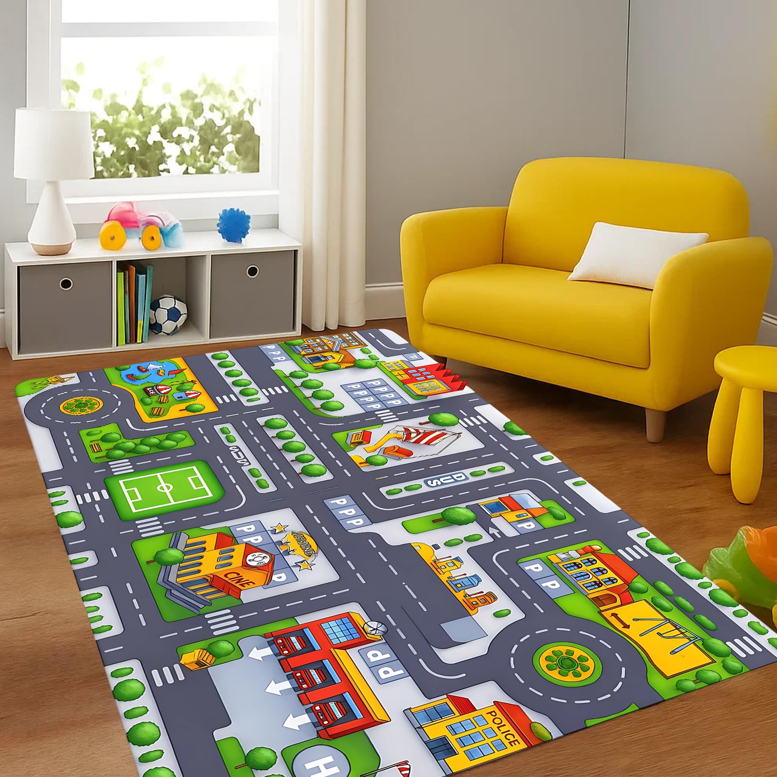 Car Play Mat for Children Black Cat Stone Sculpture, Road Mat for Toy Cars Kids Play Mat with Non-Slip Base