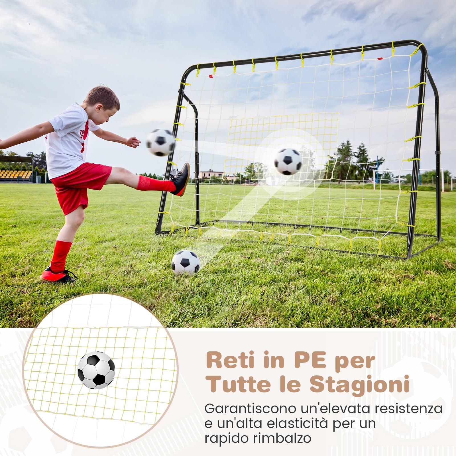 COSTWAY Porta da Calcio da Giardino, 2 in 1 Rete Rimbalzo Calcio Regolabile in 5 Angolazioni con Struttura in Metallo Zincato, Rete in PE, 4 Viti e 4 Picchetti, per Bambini e Ragazzi