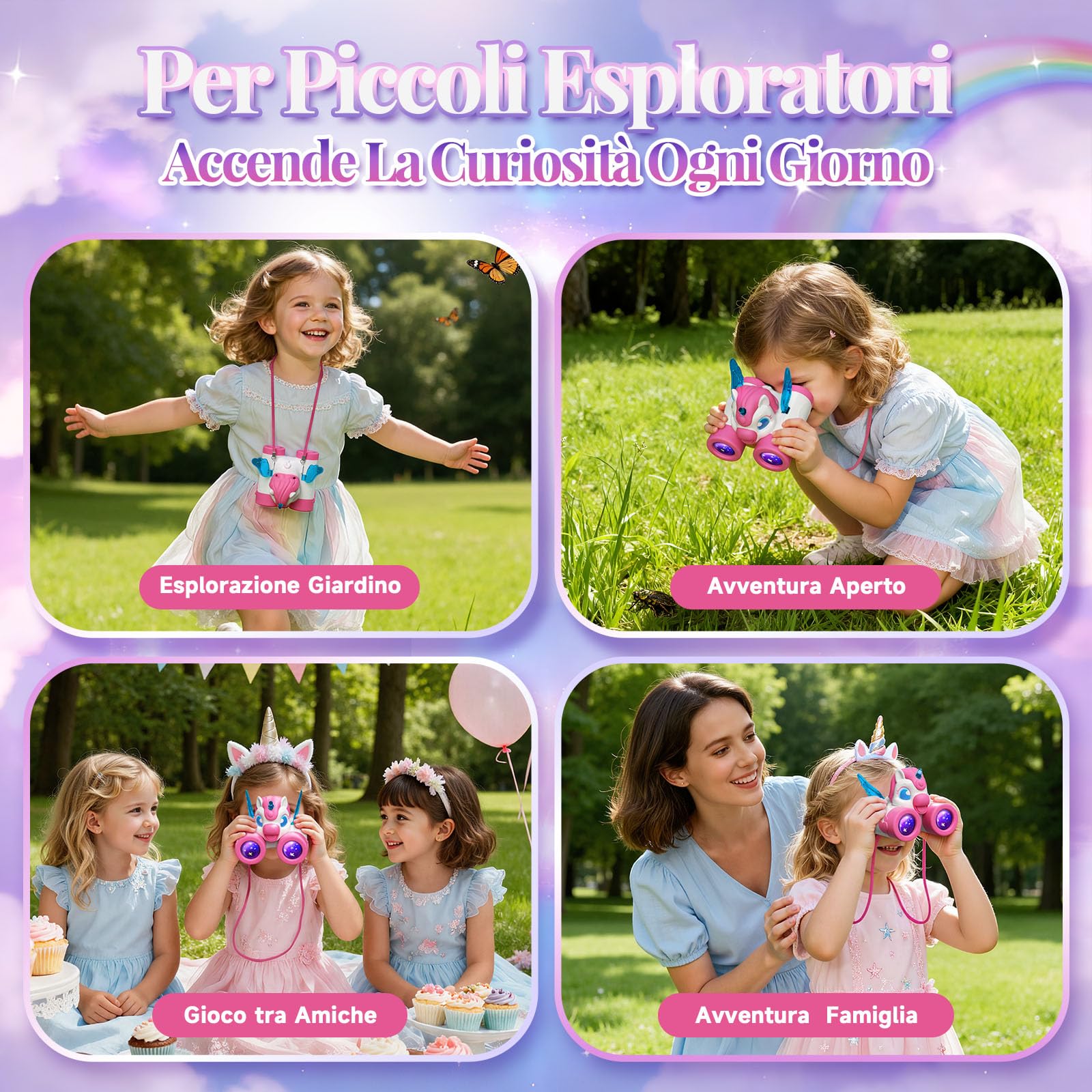 Binocolo Bambini con Guida Uccelli, Unicorno Bambina Regalo 3-12 Anni Giochi Bambina 3 4 5 6 7 8 9 Anni, Giocattolo Bambini Gioco Bimba 3-10 Anni Femmina Esterno Giardino Educativo Regali Compleanno