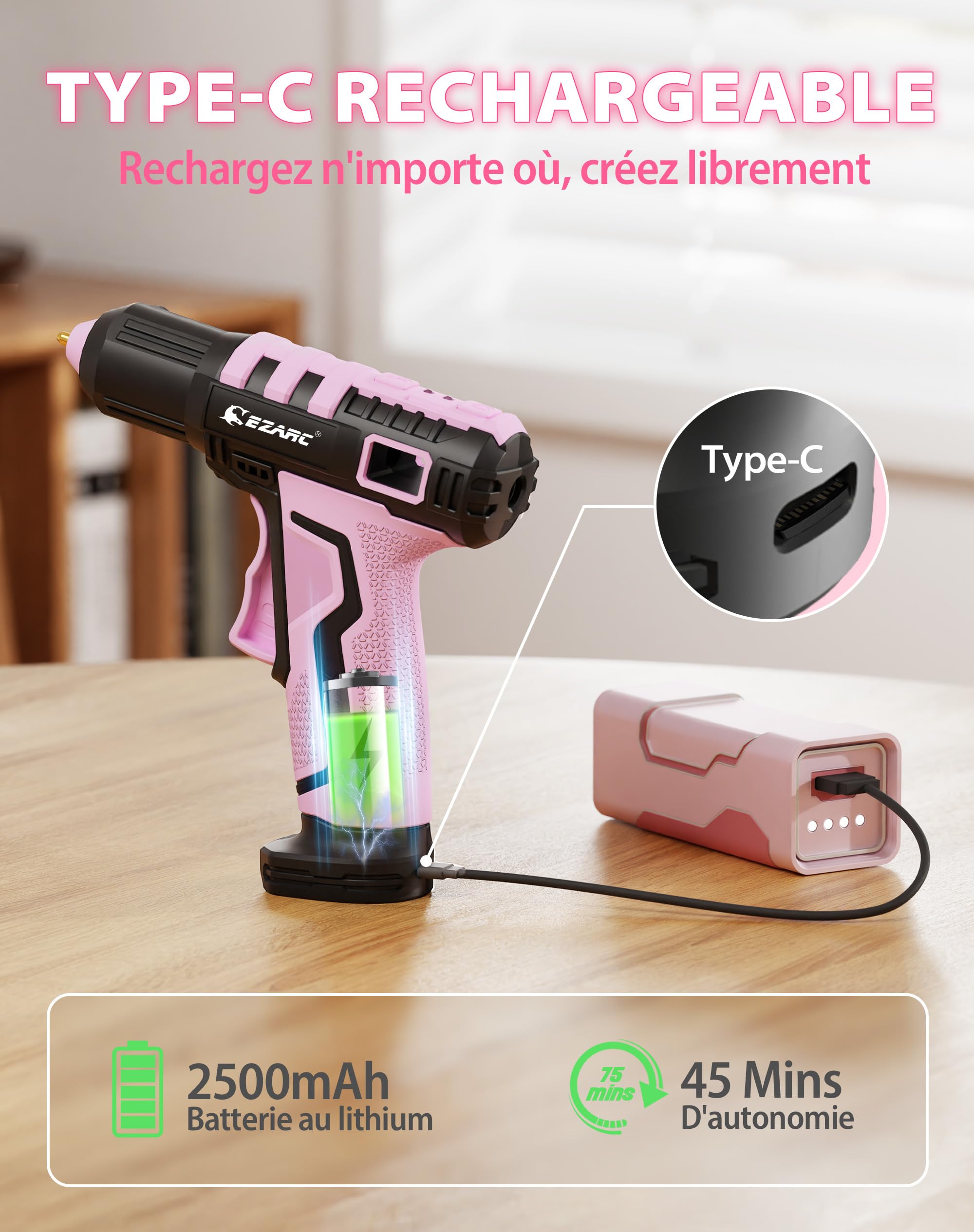 EZARC - Pistolet à colle chaude sans fil, chauffage rapide en 15 secondes, 30 mini bâtons de colle, mise en marche et arrêt sécuritaires, batterie lithium-ion intégrée de 2500 mAh