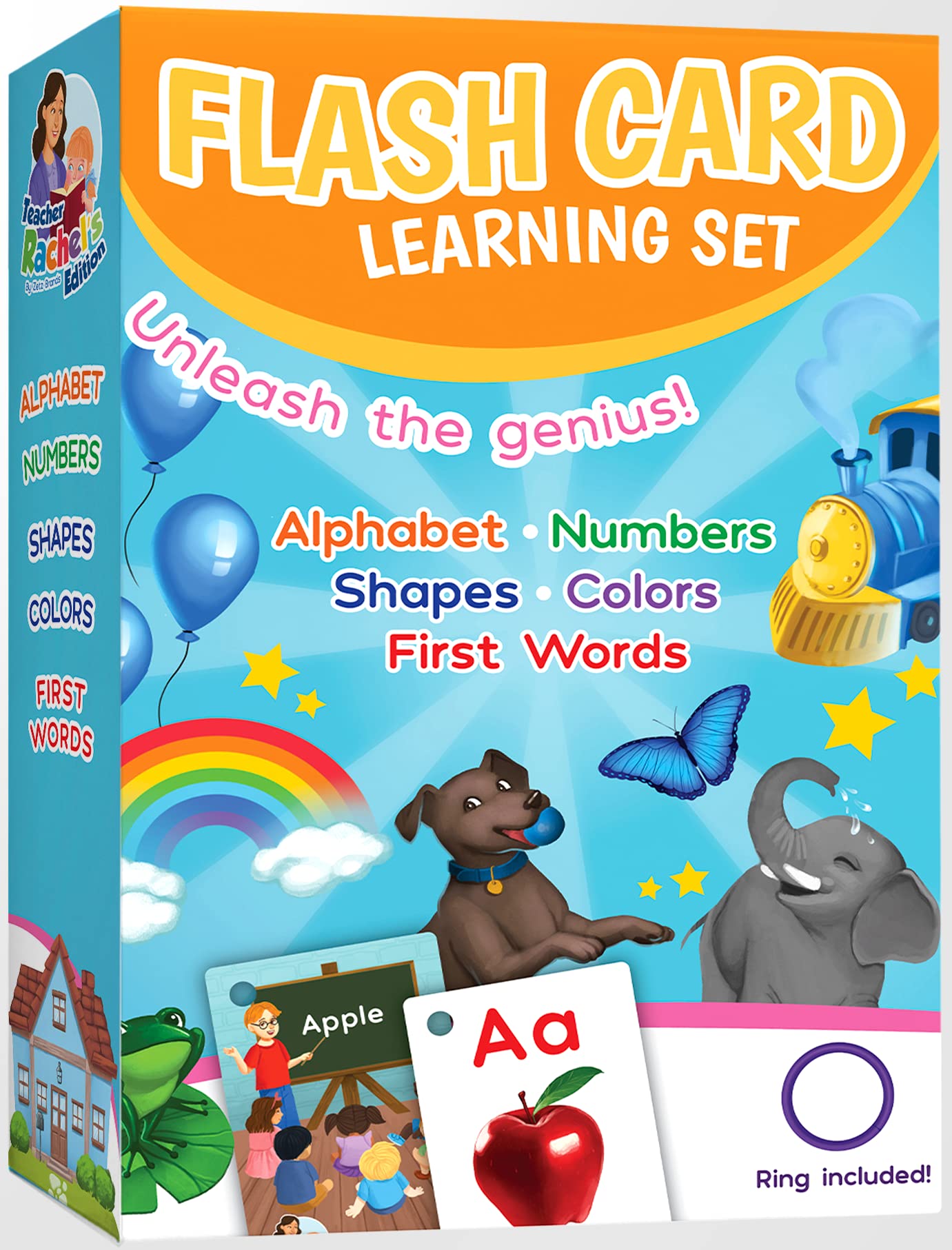 Teacher Rachel's Flashcard Set - First Words, Alphabet, Colors, Shapes, and Numbers - Pre K-K Educational Pocket Flashcards for Toddlers - Hole-Punched Cards with Ring Included