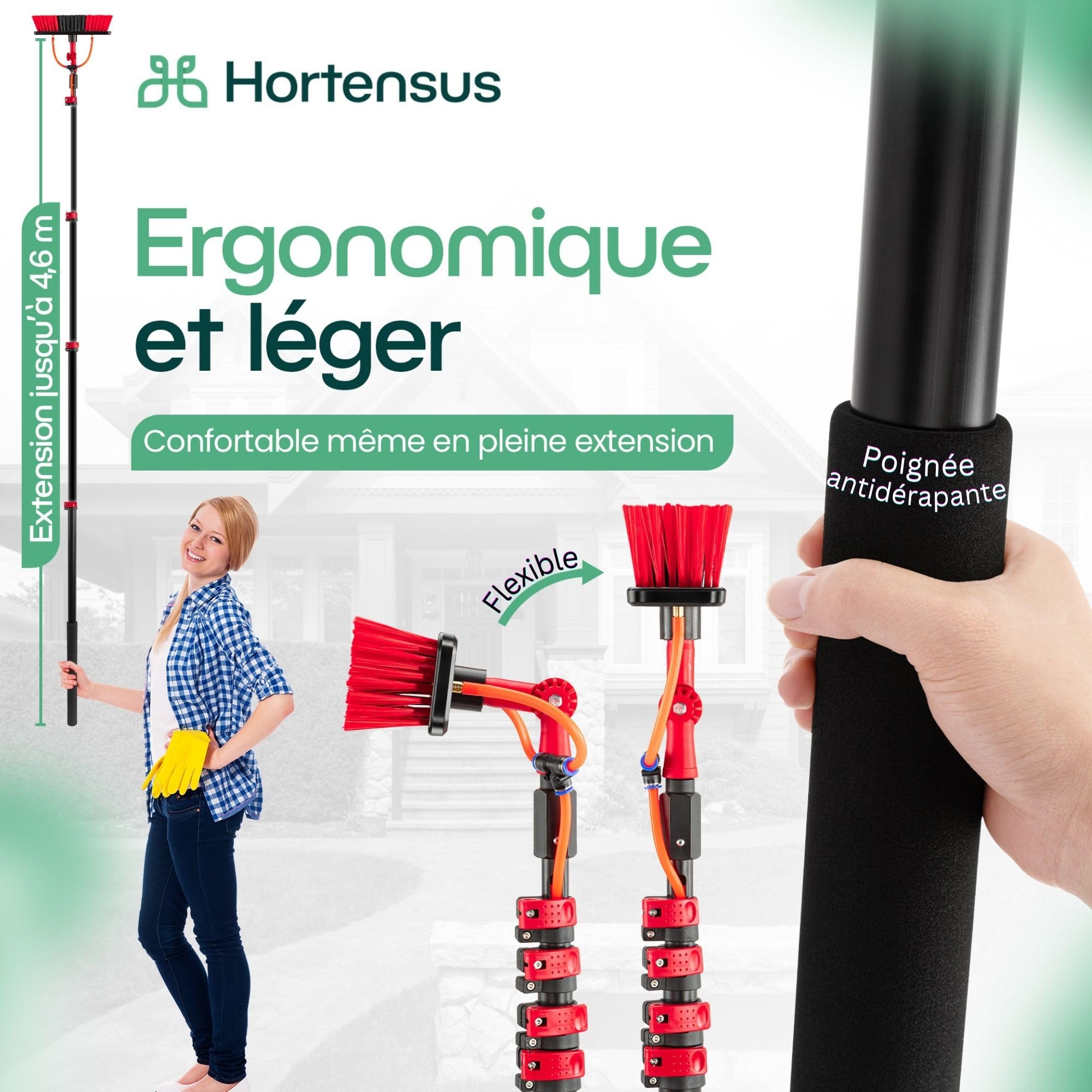 Balai Brosse Telescopique – Brosse Telescopique de Nettoyage avec Raccord d’Eau pour Voitures, Camping-Cars, Garage, Toiture, Façades et Nettoyage des Panneaux Solaires (4,6 m)
