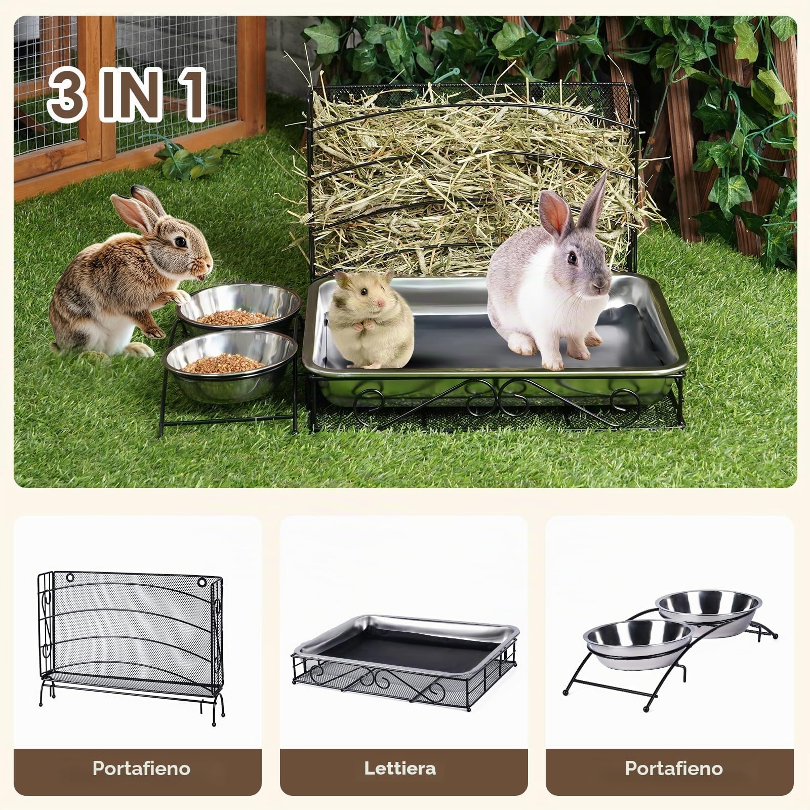 Mangiatoia 3 in 1 per coniglio con lettiera in acciaio inox e 2 ciotole per animali domestici, grattugia, per piccoli animali domestici, conigli, criceti, porcellini d'India