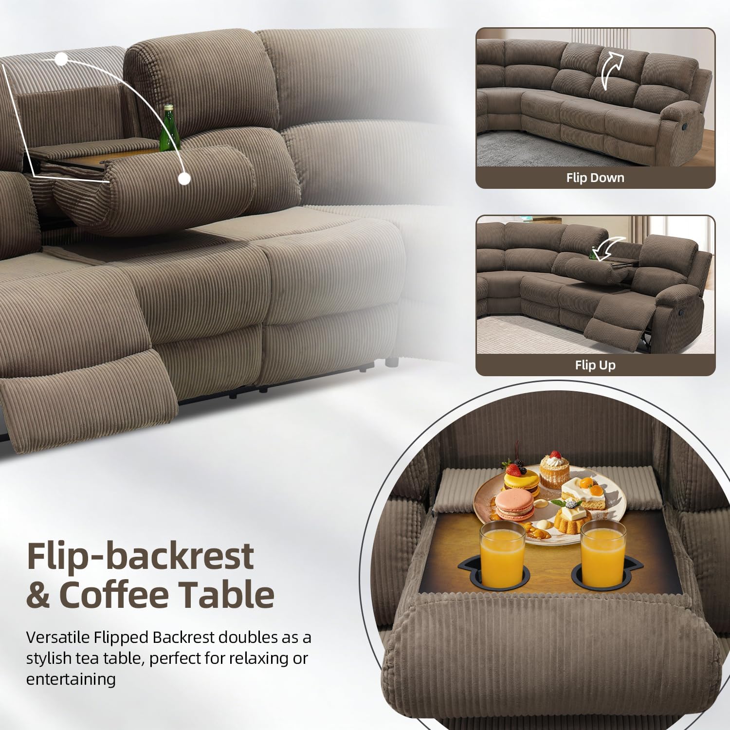 Manual Reclining Sectional Sofa Set, Living Room Furniture Sets, 6 Seats Corduroy Recliner Corner Sectional Couch with Cup Holders, Storage Console for Office/Home Theater (Coffee Brown)