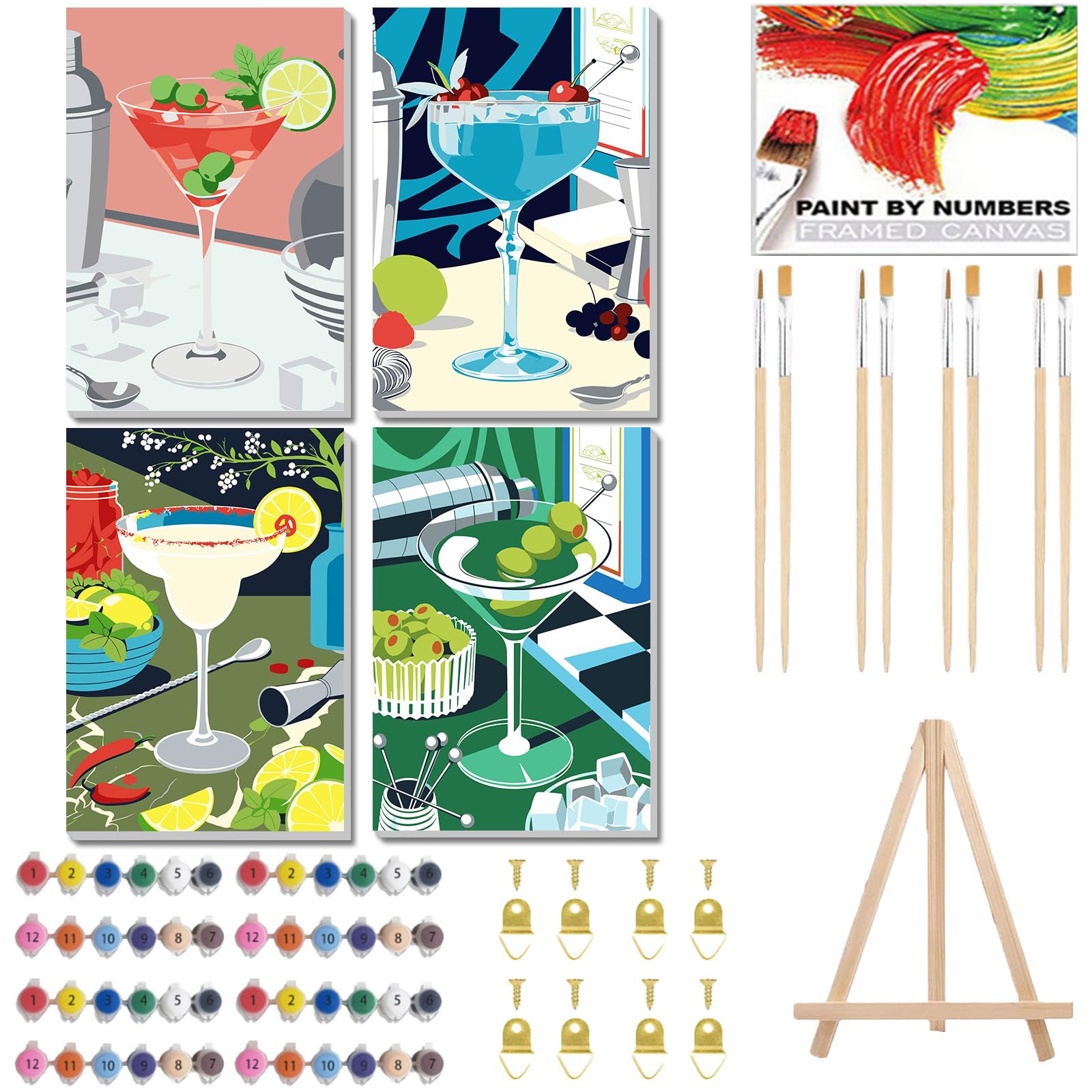 GOUGOUFAFA 4 Pack Framed Paint by Numbers for Adults Cocktail Painting by Numbers for Adults Canvas Advanced Acrylic Paint Kit for Home Wall Decor 7.8x11.8in