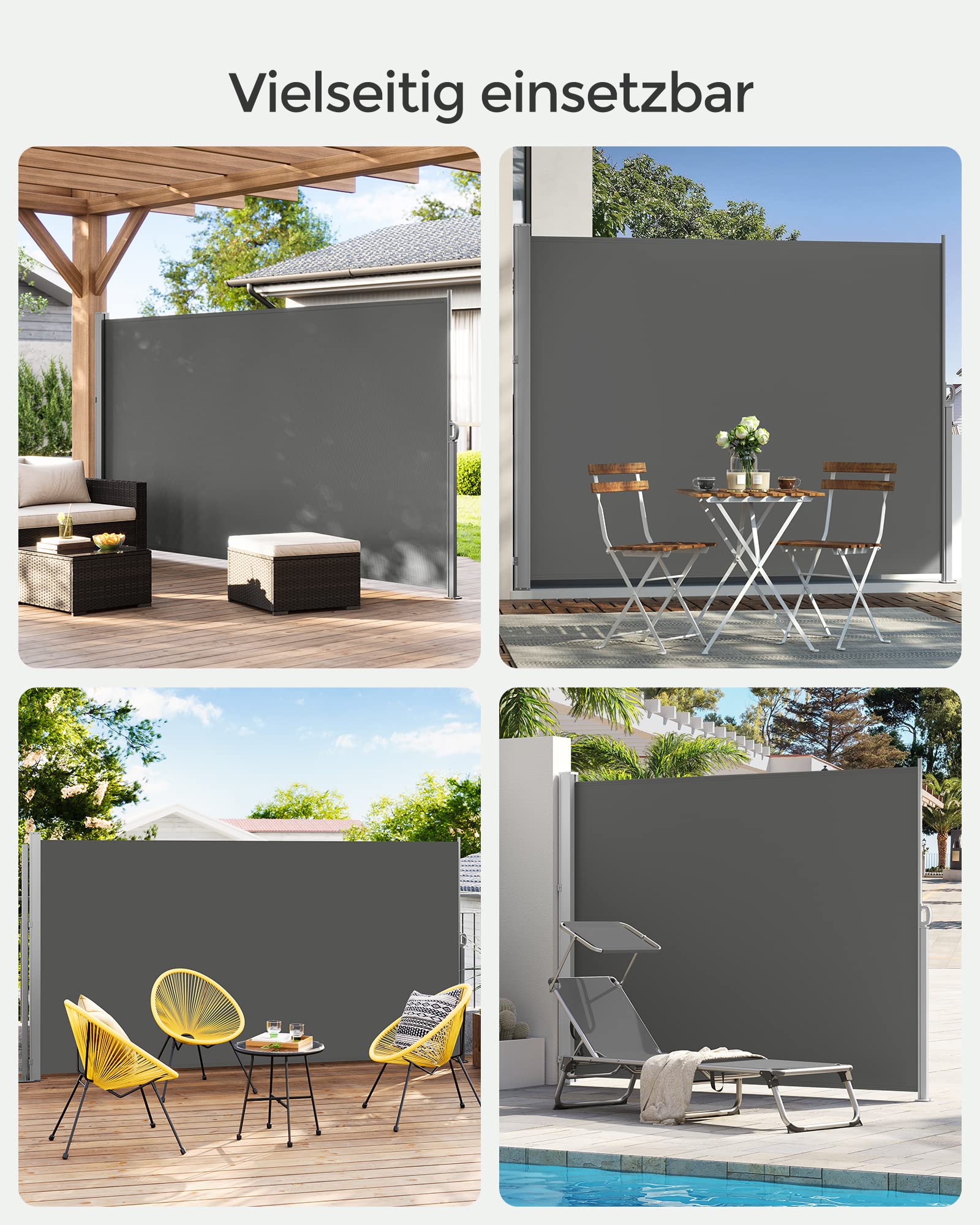 SONGMICS Seitenmarkise mit Stahl-Kasten, rostbeständig, ausziehbar, 180 x 450 cm, Windschutz, Sonnenschutz, Blickdicht, Seitenrollo, für Balkon, Terrasse, Garten, anthrazit GSA589G01