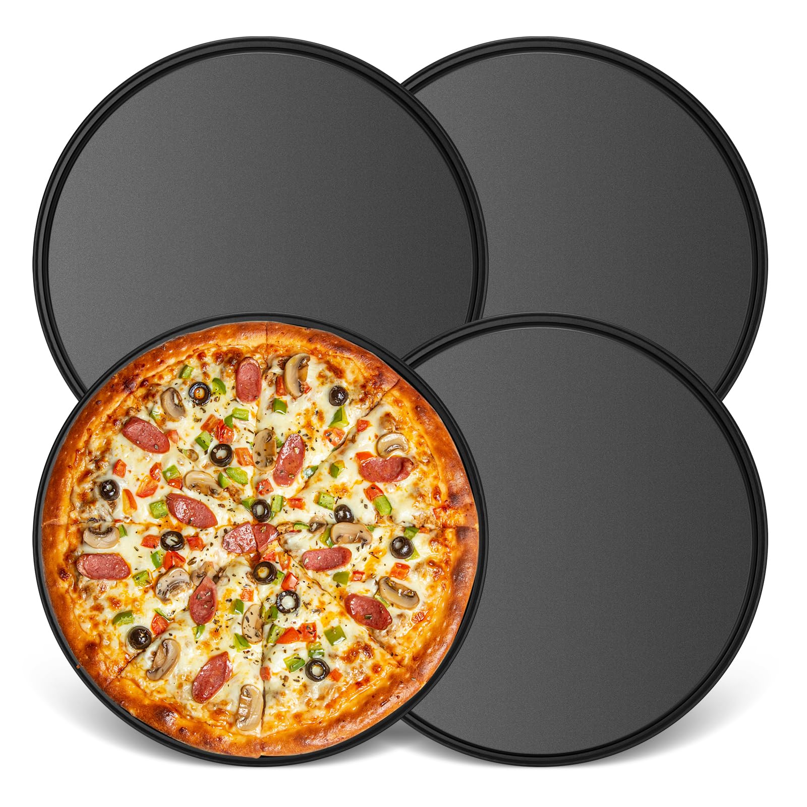 Romon plaque pizza Set de 4, 26 cm, Acier au Carbone avec Revêtement Teflon, Anti-adhésif, Sain et Durable, Idéal pour les Pizzas Maison