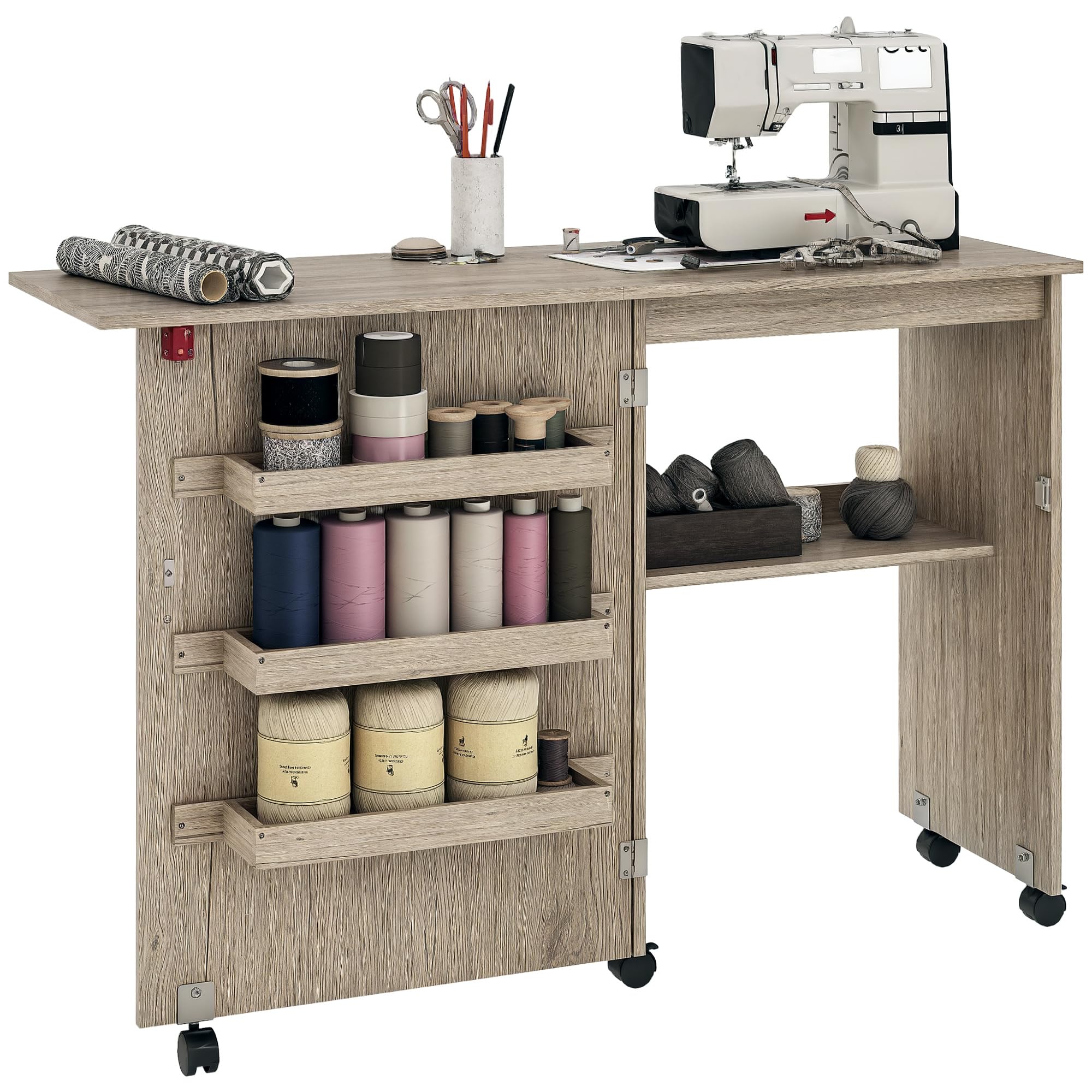 HOMCOM Folding Sewing Table Drop Leaf Craft Table Storage Bins Wheels Grey