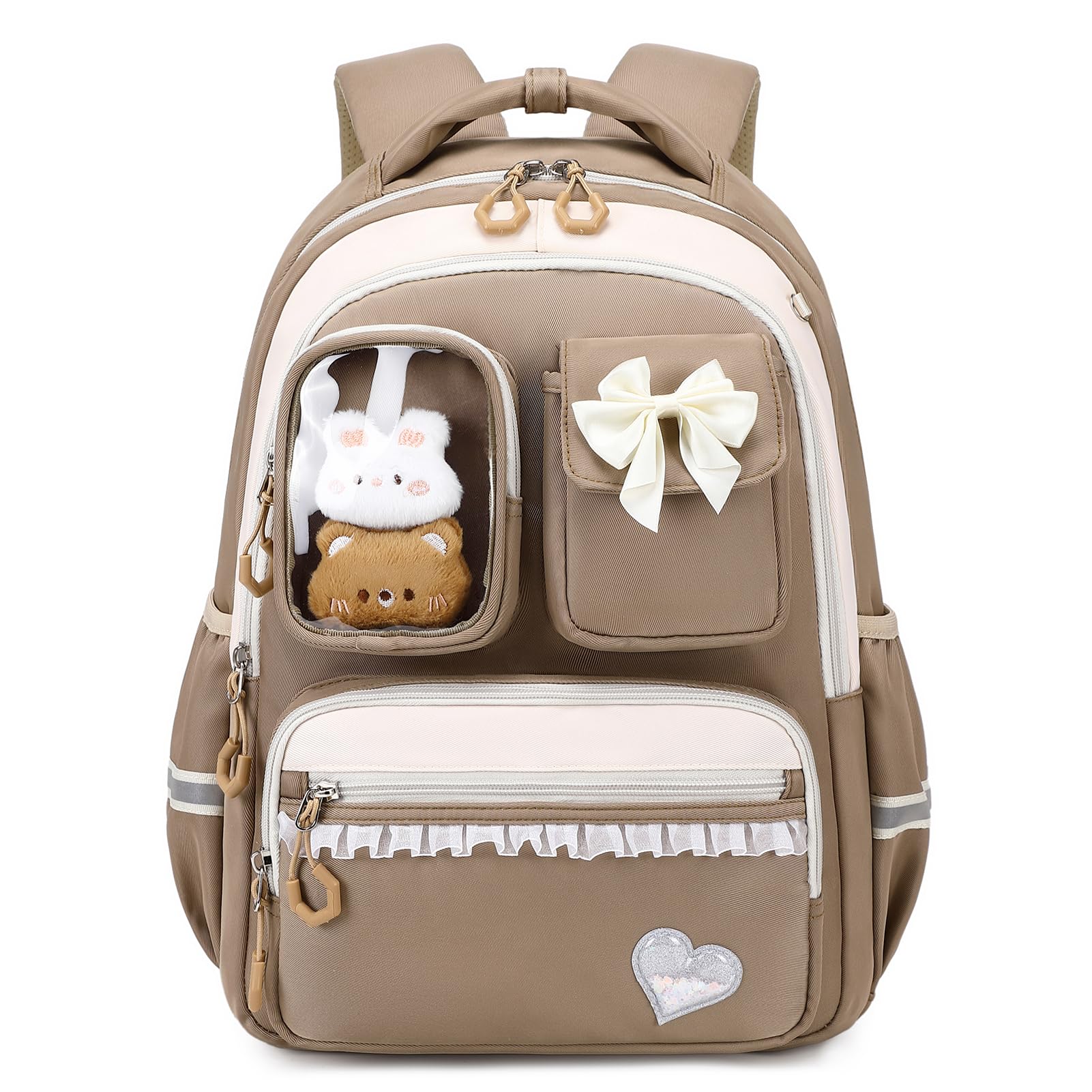 Amythe Zaino Scuola Elementare Bambina, Zaino Ragazza Traspirante e Comodo | dalla Prima alla Quinta Elementari, Zaini per la Scuola alla Moda con Striscia Riflettente, 22L, Marrone