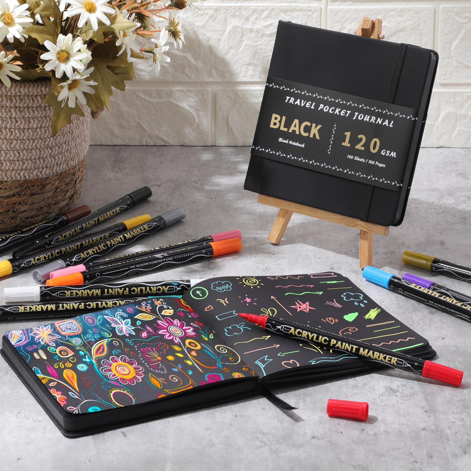 Thenshop Juego de 2 cuadernos de bocetos de papel negro, cuaderno de páginas negras con 12 marcadores metálicos, bolsillo de viaje, tapa dura, pintura en blanco, cuaderno de escritura para pintores de
