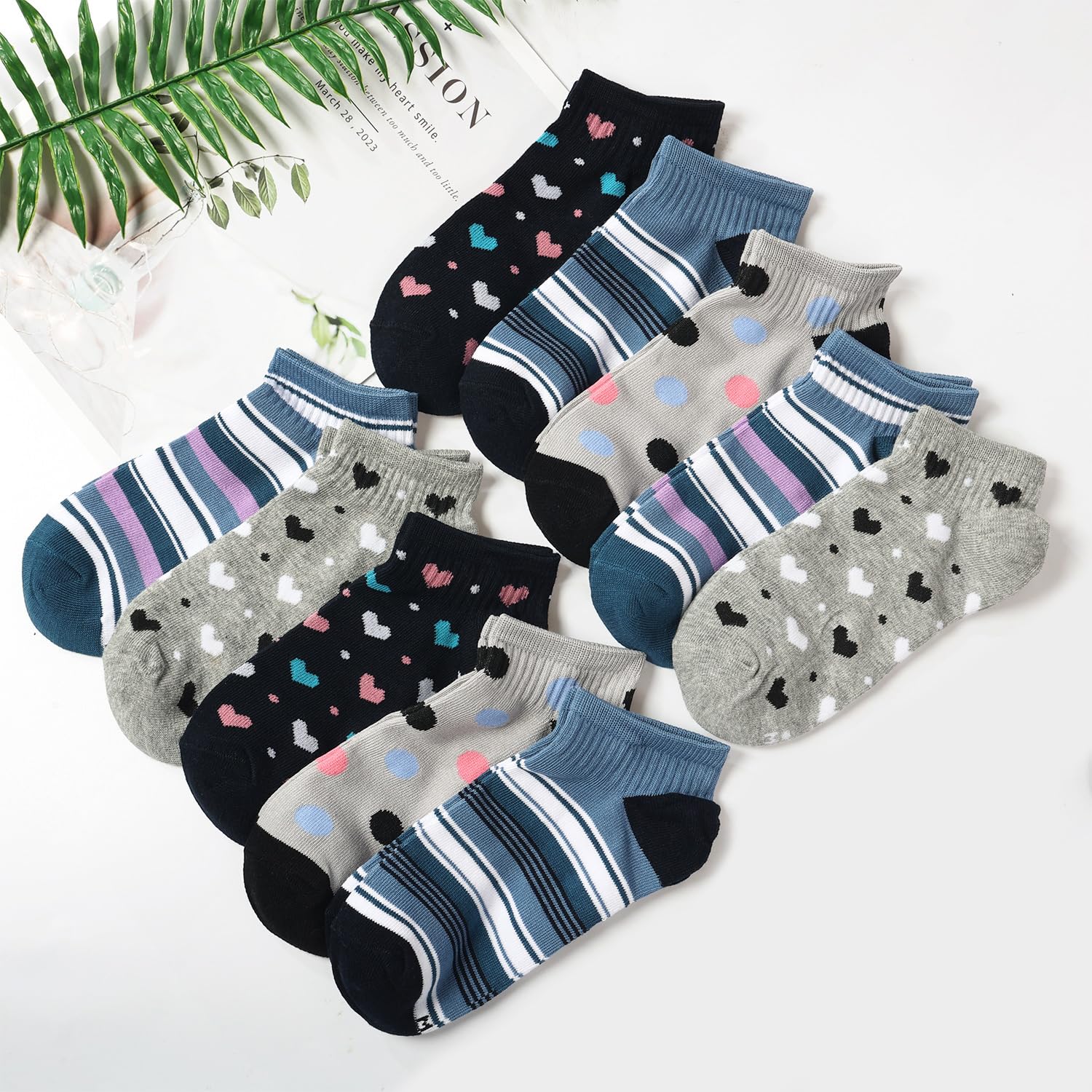 Skarpety damskie do sneakersów 35-38 39-42, 10 par bawełnianych krótkich skarpet dziewczęcych, wielokolorowe skarpety do sneakersów, kolorowe skarpety damskie z kropkami w paski, Niebieski zestaw.,