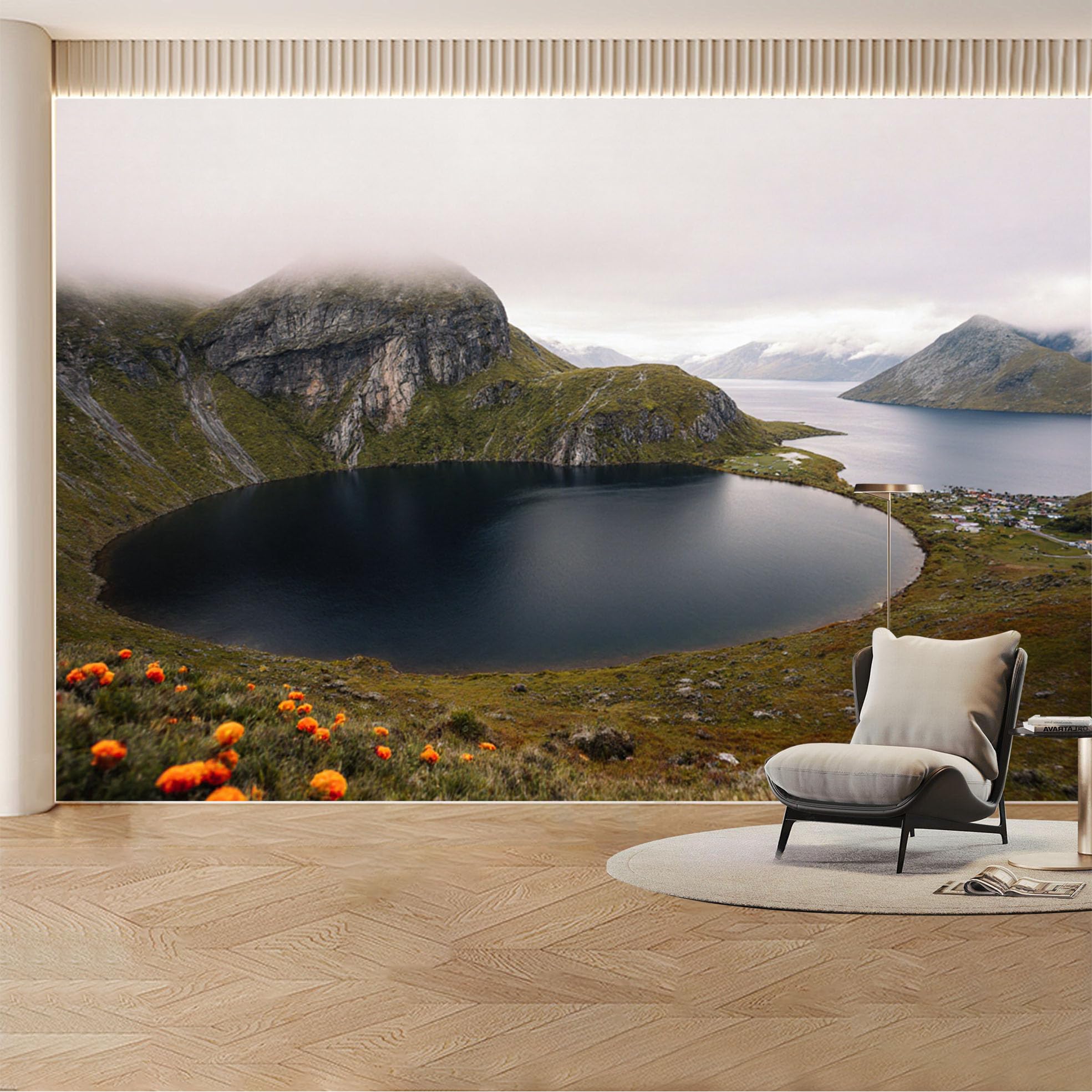 Custom Wall Mural Wallpaper Mountain Lake Landscape 3D Effect Wall Decor Large Wall Art Misty Nordic for Living Room， Bedroom， Office