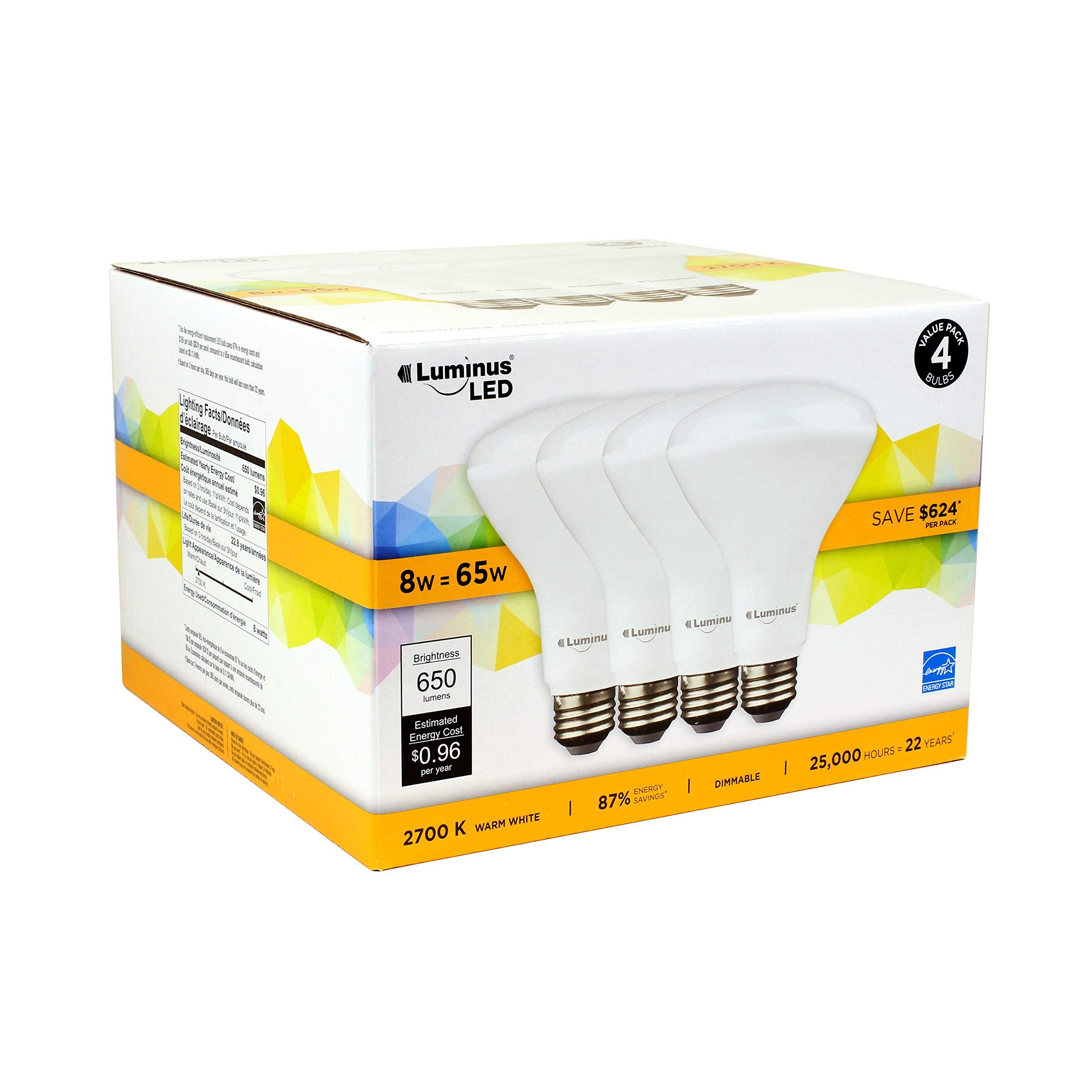 LuminusPLYC5294 BR30-8W (65W) 650 Lumens Warm White 2700k Dimmable LED Light Bulb-16 Pack