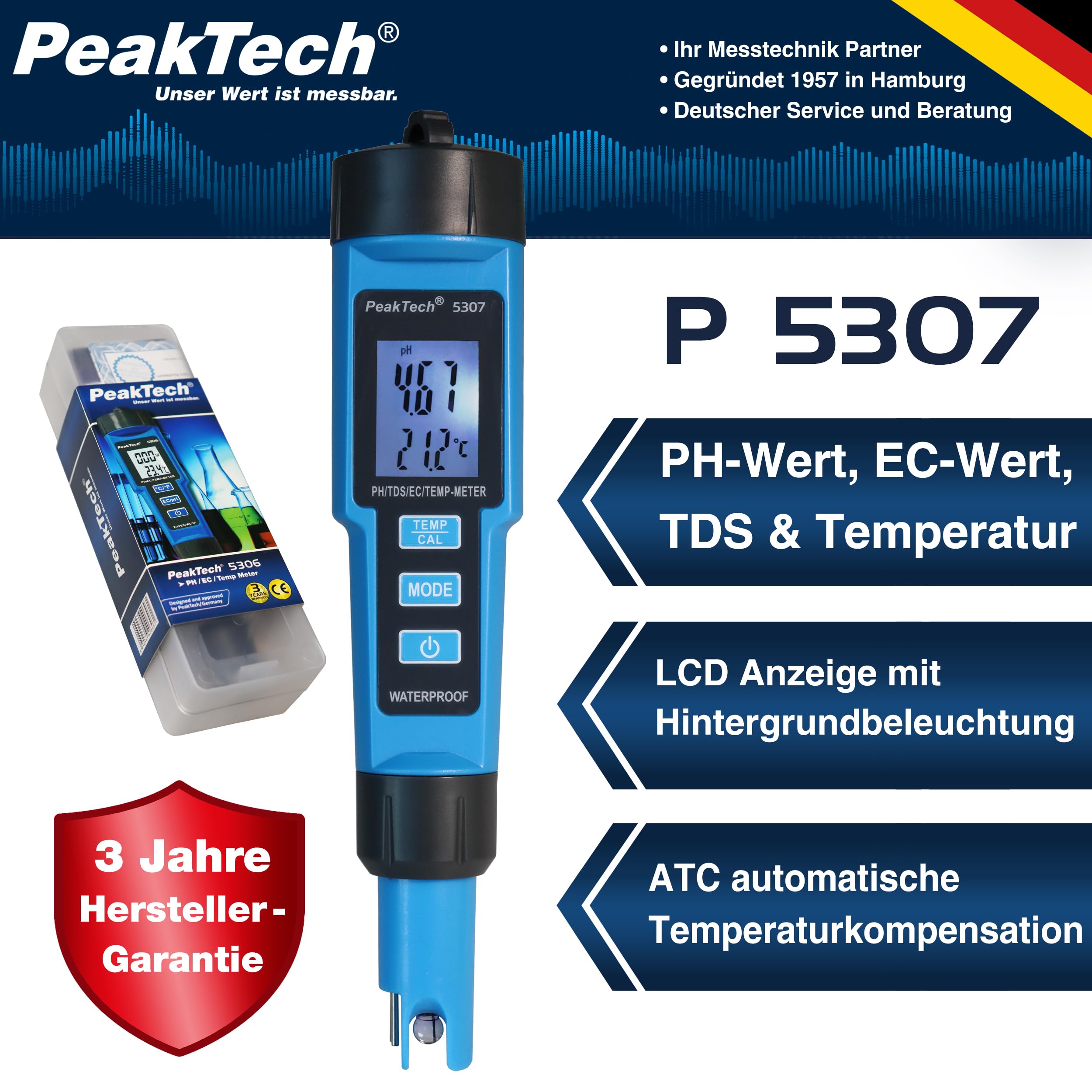PeakTech P 5307 – 4 in 1 PH-Meter in Stiftform für PH/EC/TDS/TEMP